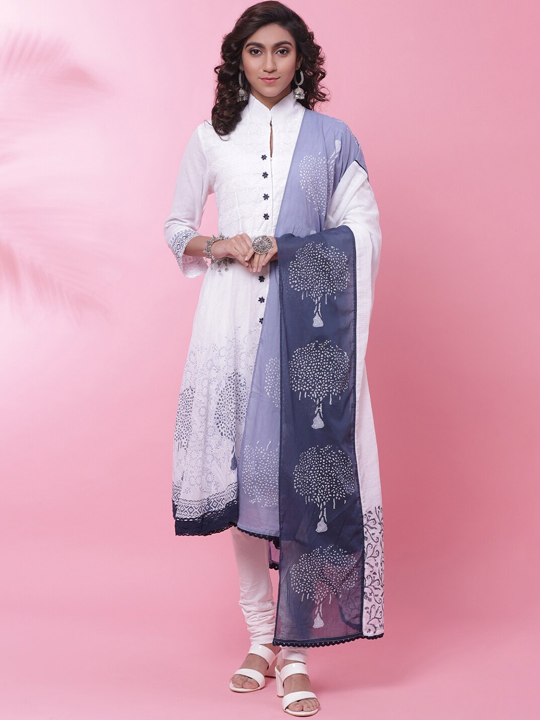 

Biba Floral Printed Lace Detail A-Line Kurta with Churidar & Dupatta, White