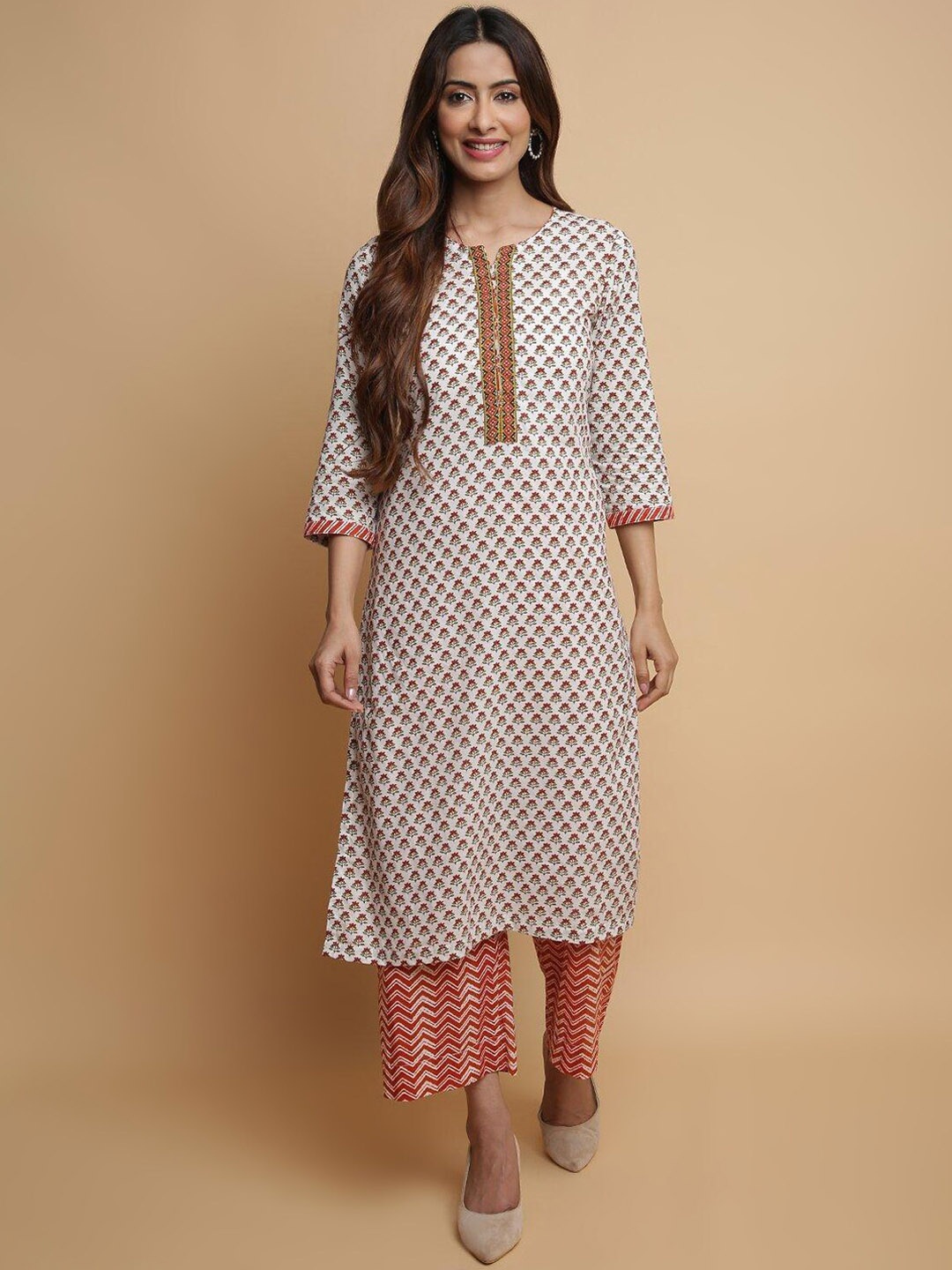 

Biba Floral Printed A-Line Kurta with Palazzos, Off white