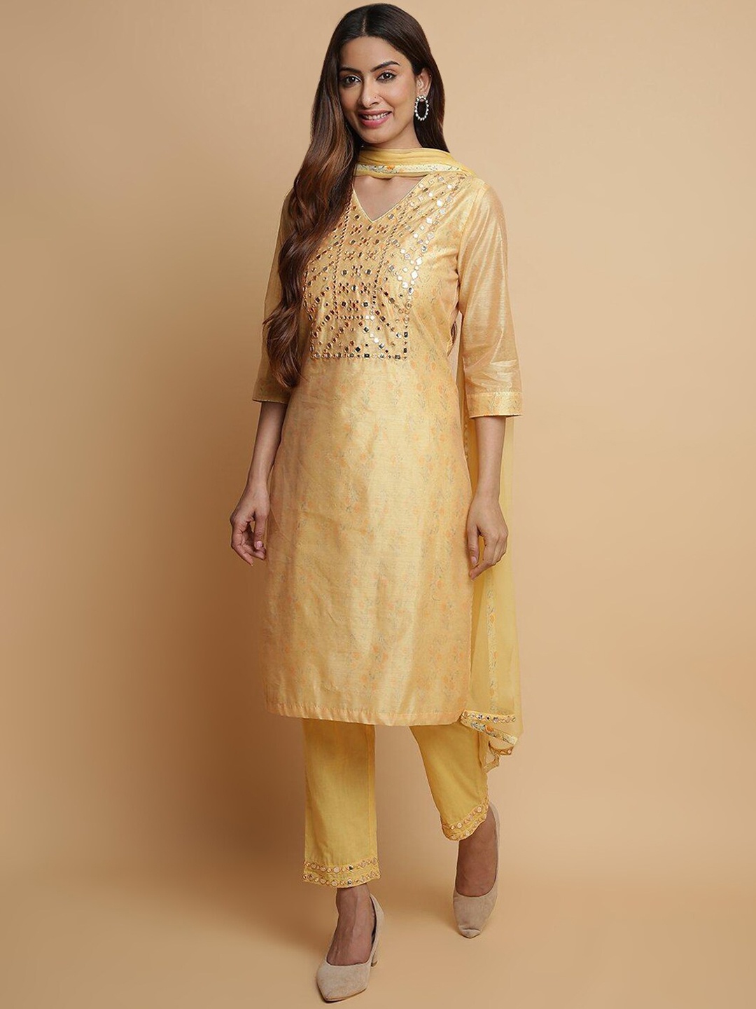 

Biba Floral Printed Mirror Work Kurta with Trousers & Dupatta, Yellow