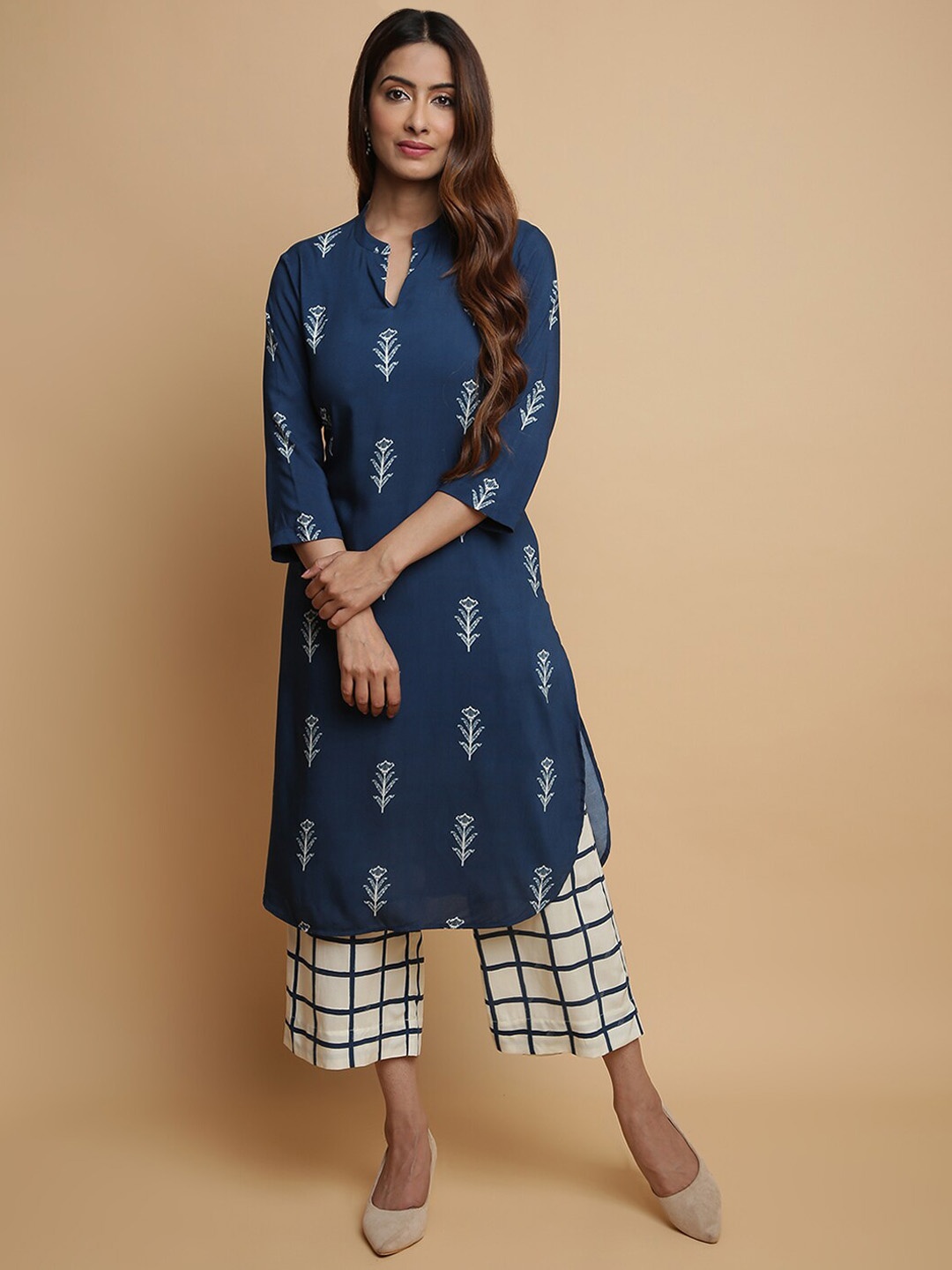 

Biba Ethnic Motifs Printed Mandarin Collar Curved Kurta with Palazzos, Navy blue