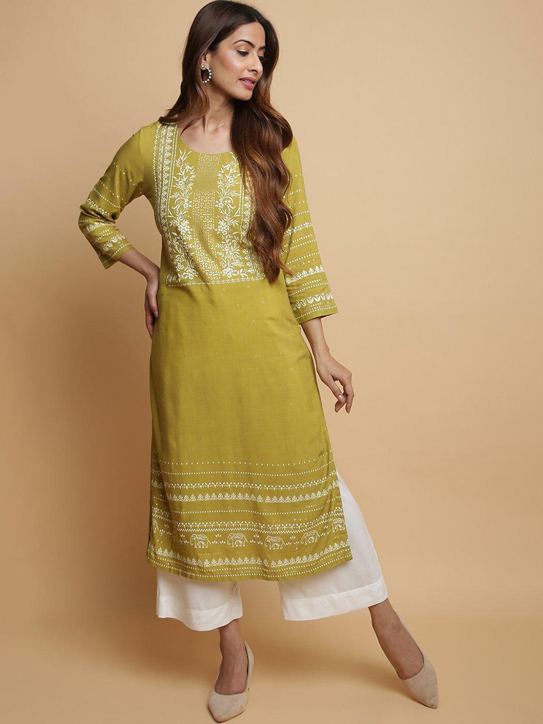 

Biba Ethnic Motifs Printed Straight Kurta with Palazzos, Green