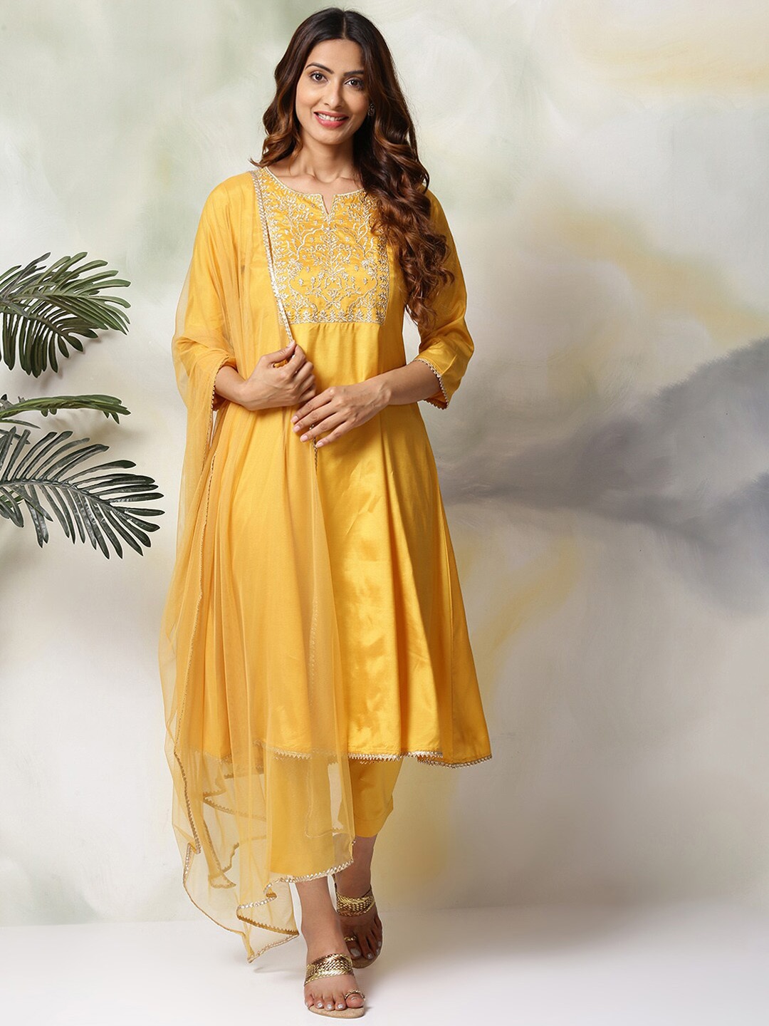 

Biba Floral Embroidered Gotta Patti Anarkali Kurta with Trousers & Dupatta, Mustard