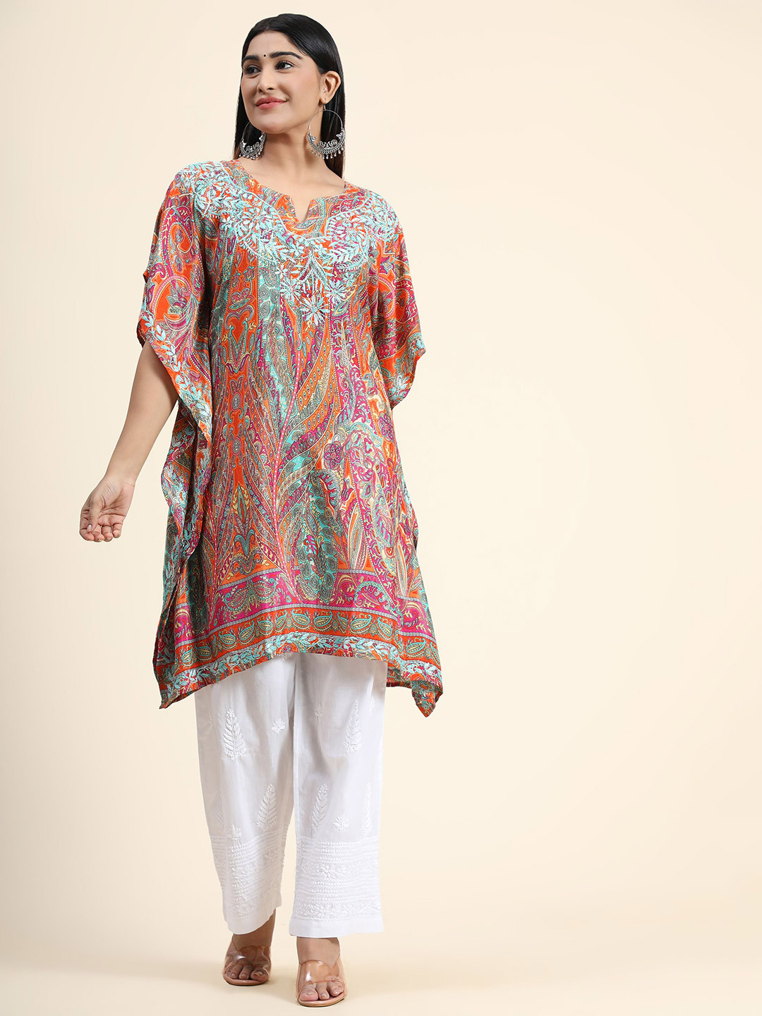 

HOUSE OF KARI Ethnic Motifs Printed Kaftan Kurta, Peach