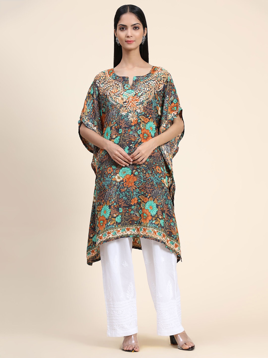 

HOUSE OF KARI Ethnic Motif Printed Extended Sleeves Cotton Kaftan Kurta, Grey