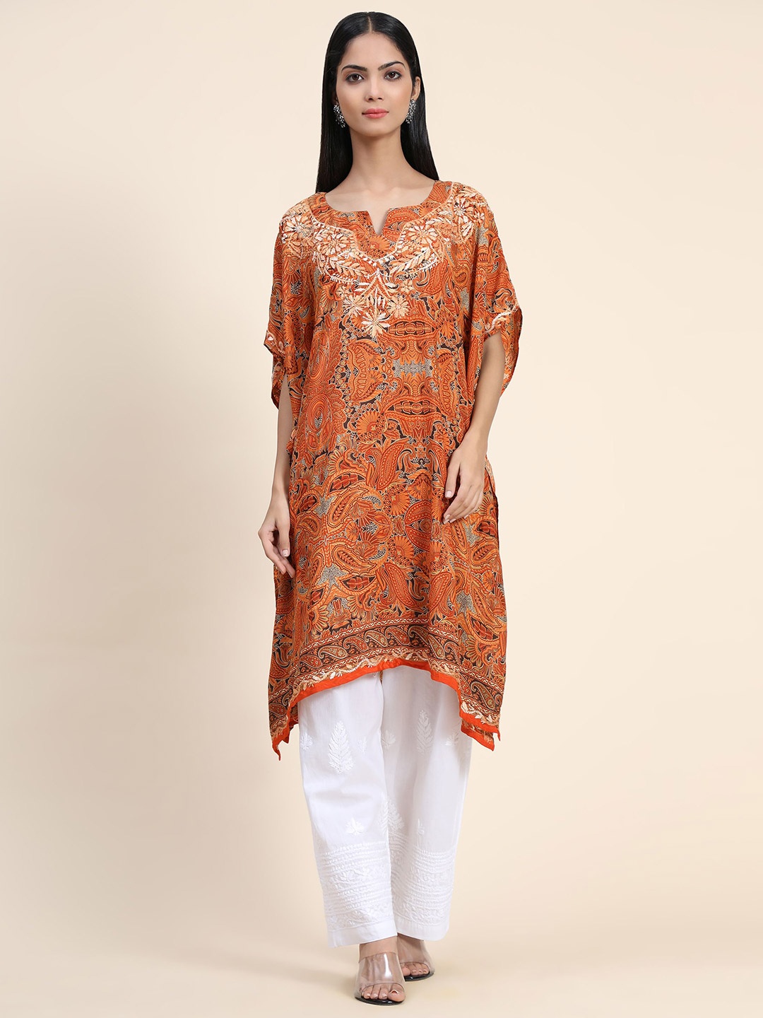 

HOUSE OF KARI Ethnic Motifs Printed Kaftan Kurta, Orange