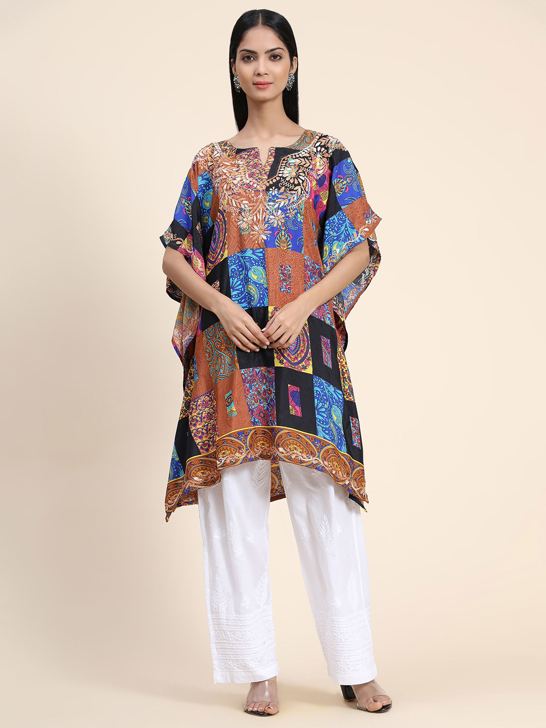 

HOUSE OF KARI Ethnic Motif Printed Extended Sleeves Cotton Kaftan Kurta, Black