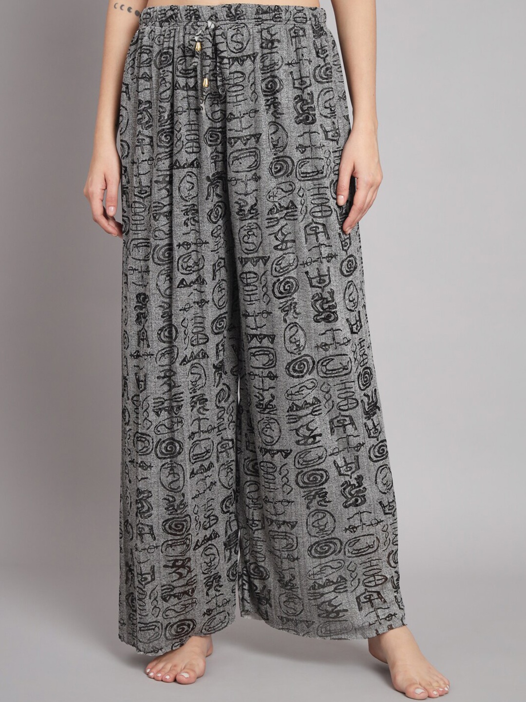 

BROOWL Women Printed Flared Loose-fit Lounge Pants, Grey