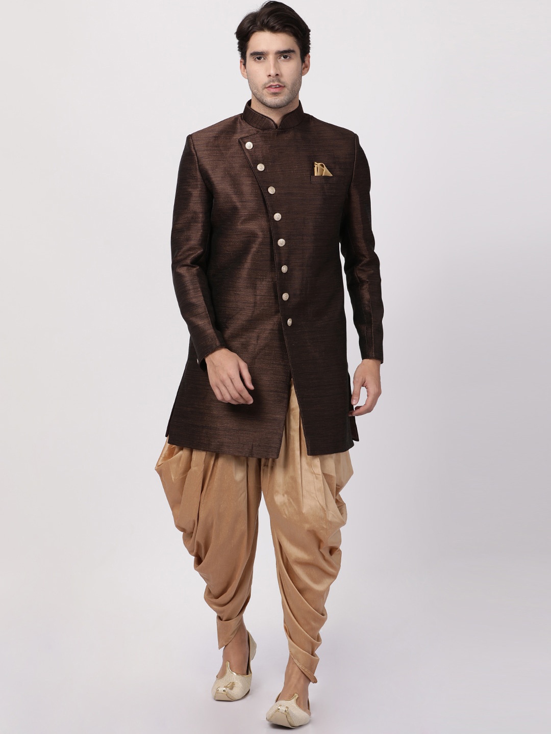 

VASTRAMAY Mandarin Collar Slim-Fit Sherwani Set, Coffee brown