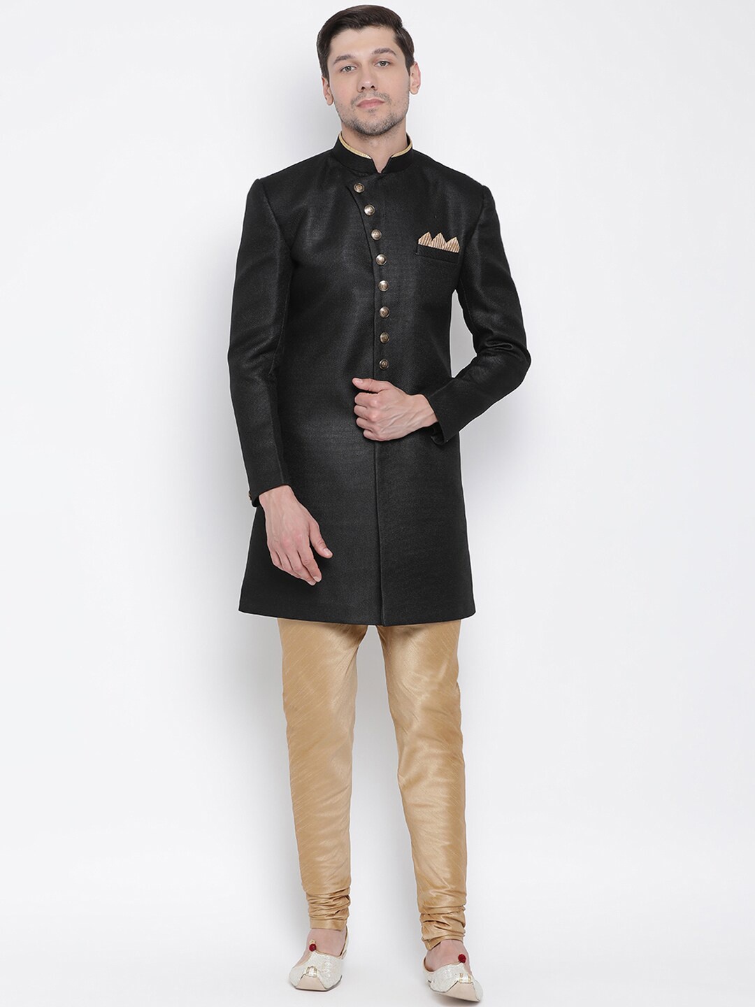 

VASTRAMAY Mandarin Collar Jute Cotton Slim-Fit Sherwani Set, Black