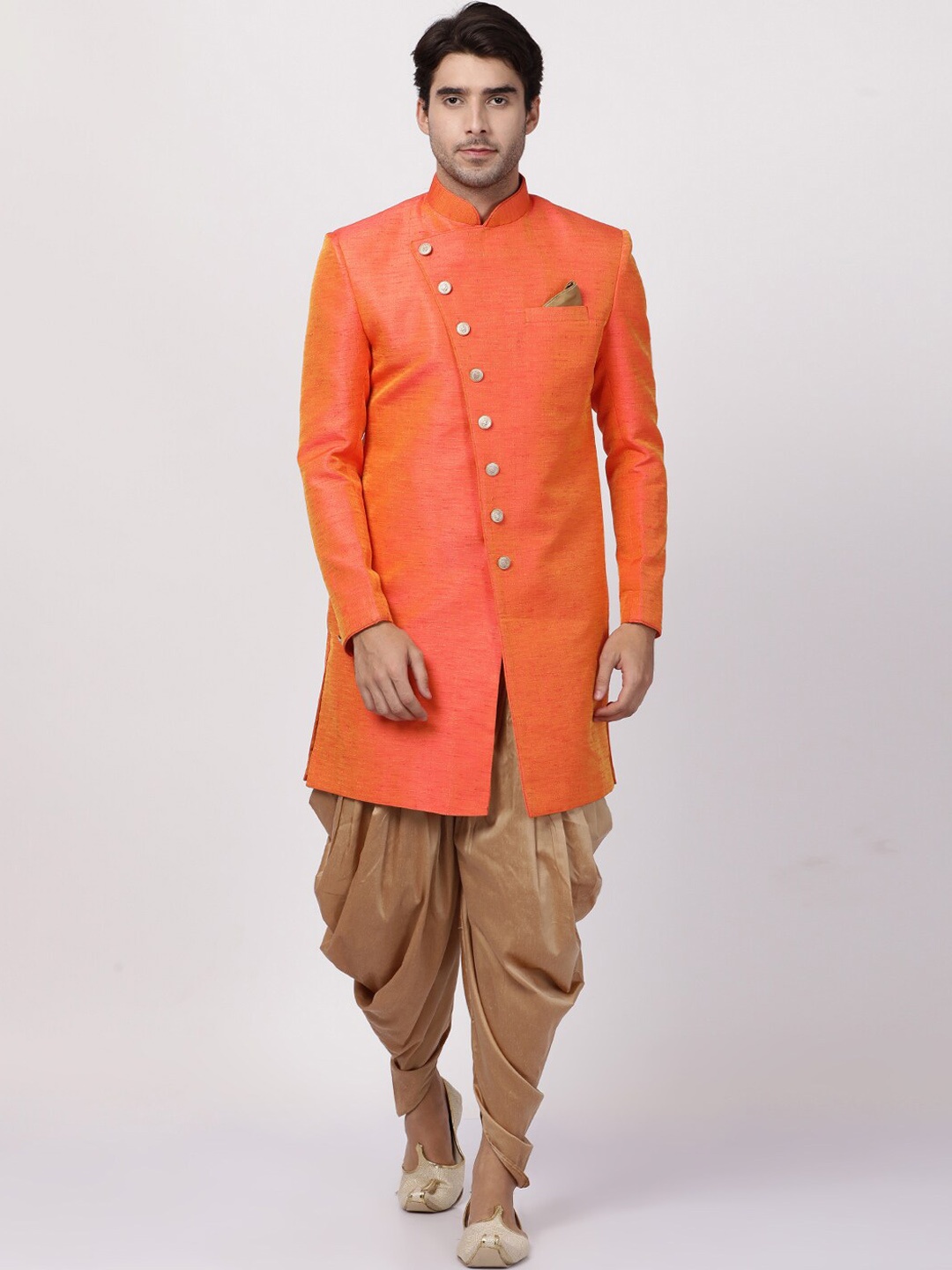 

VASTRAMAY Mandarin Collar Slim-Fit Sherwani Set, Orange