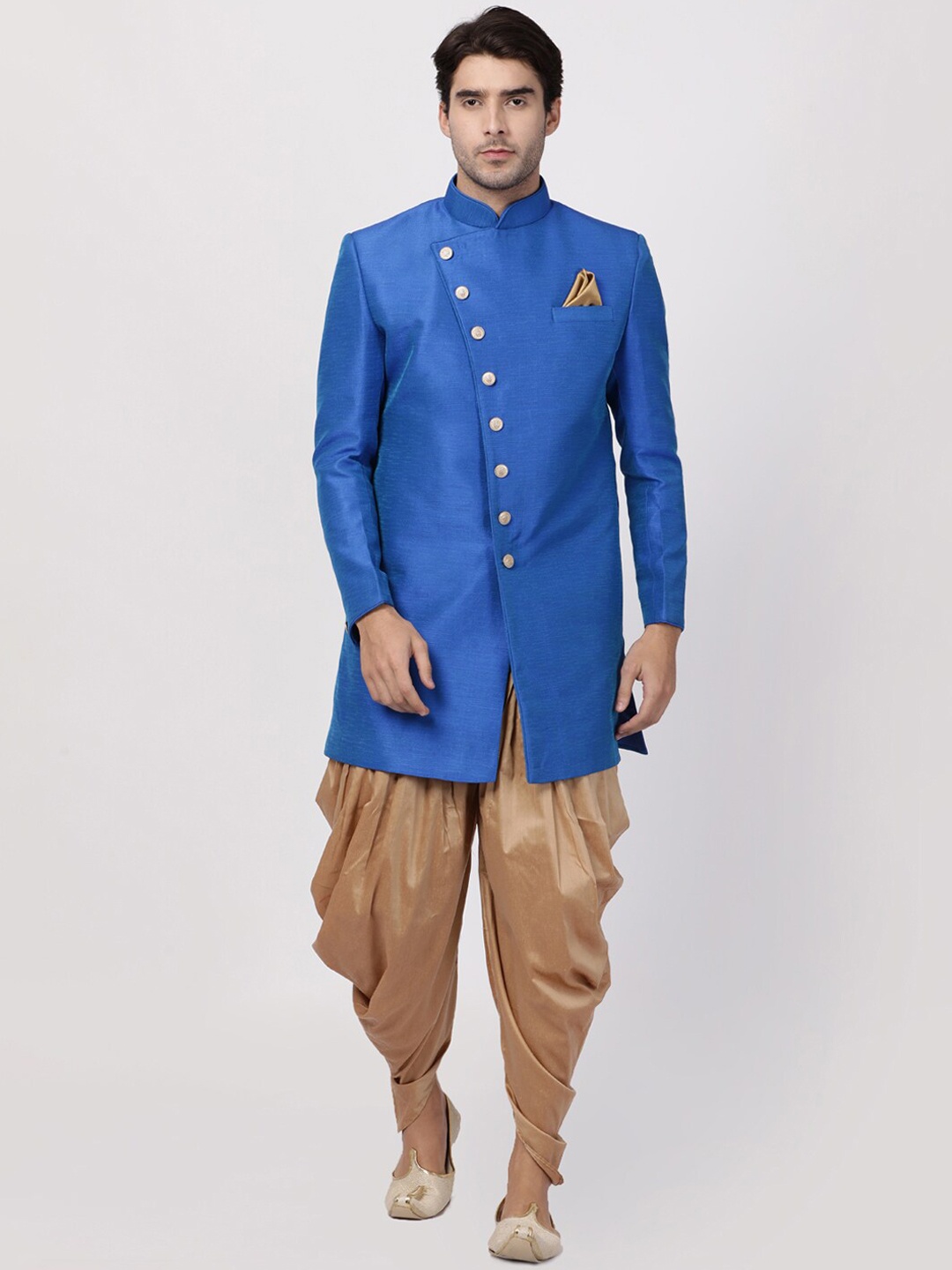 

VASTRAMAY Woven Design Mandarin Collar Slim-Fit IndoWestern Sherwani Set, Blue