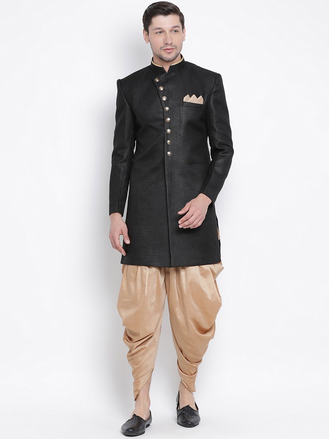 

VASTRAMAY Mandarin Collar Jute Cotton Slim-Fit IndoWestern Sherwani Set, Black