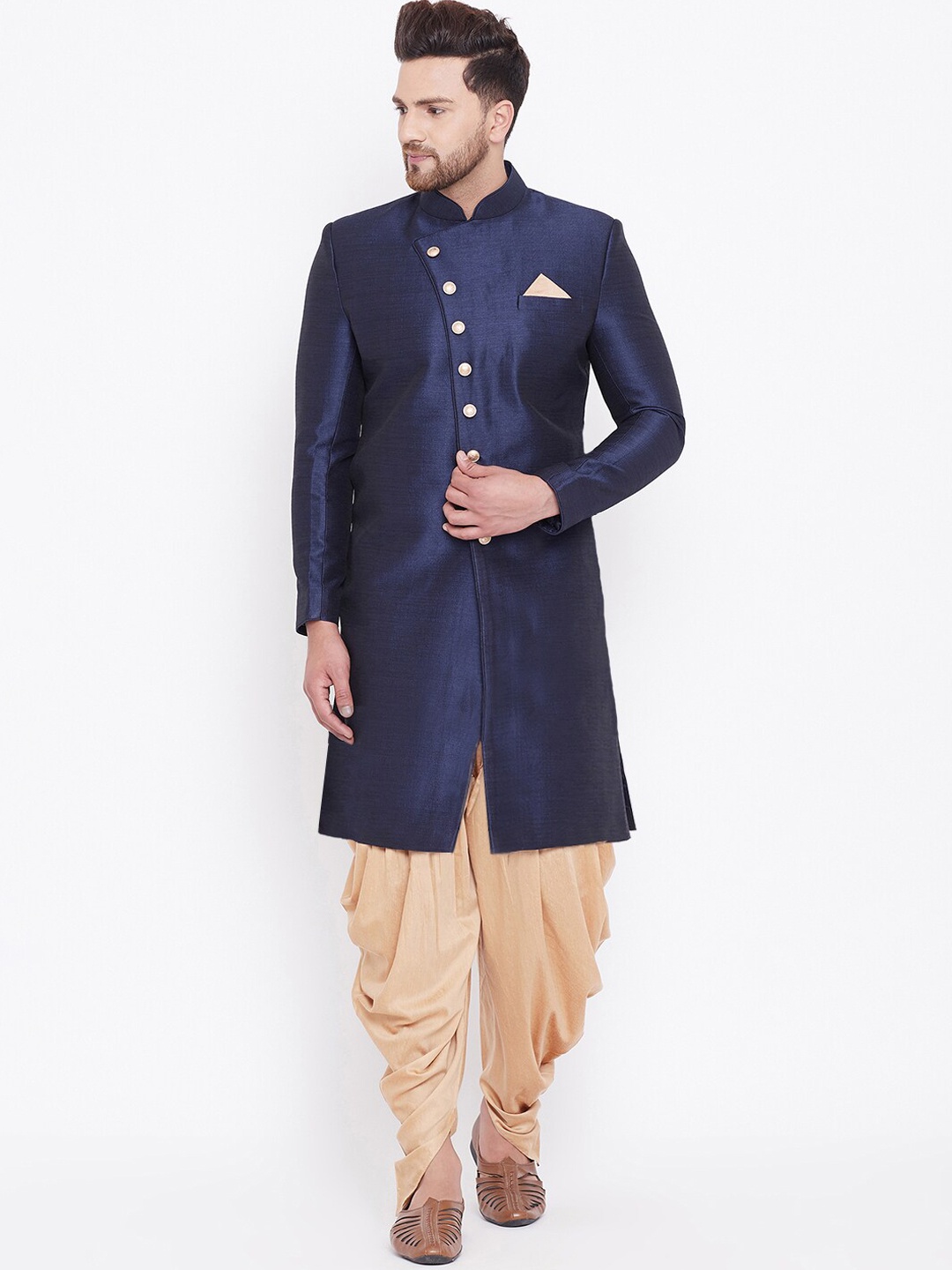 

VASTRAMAY Woven Design Mandarin Collar Slim-Fit IndoWestern Sherwani Set, Navy blue
