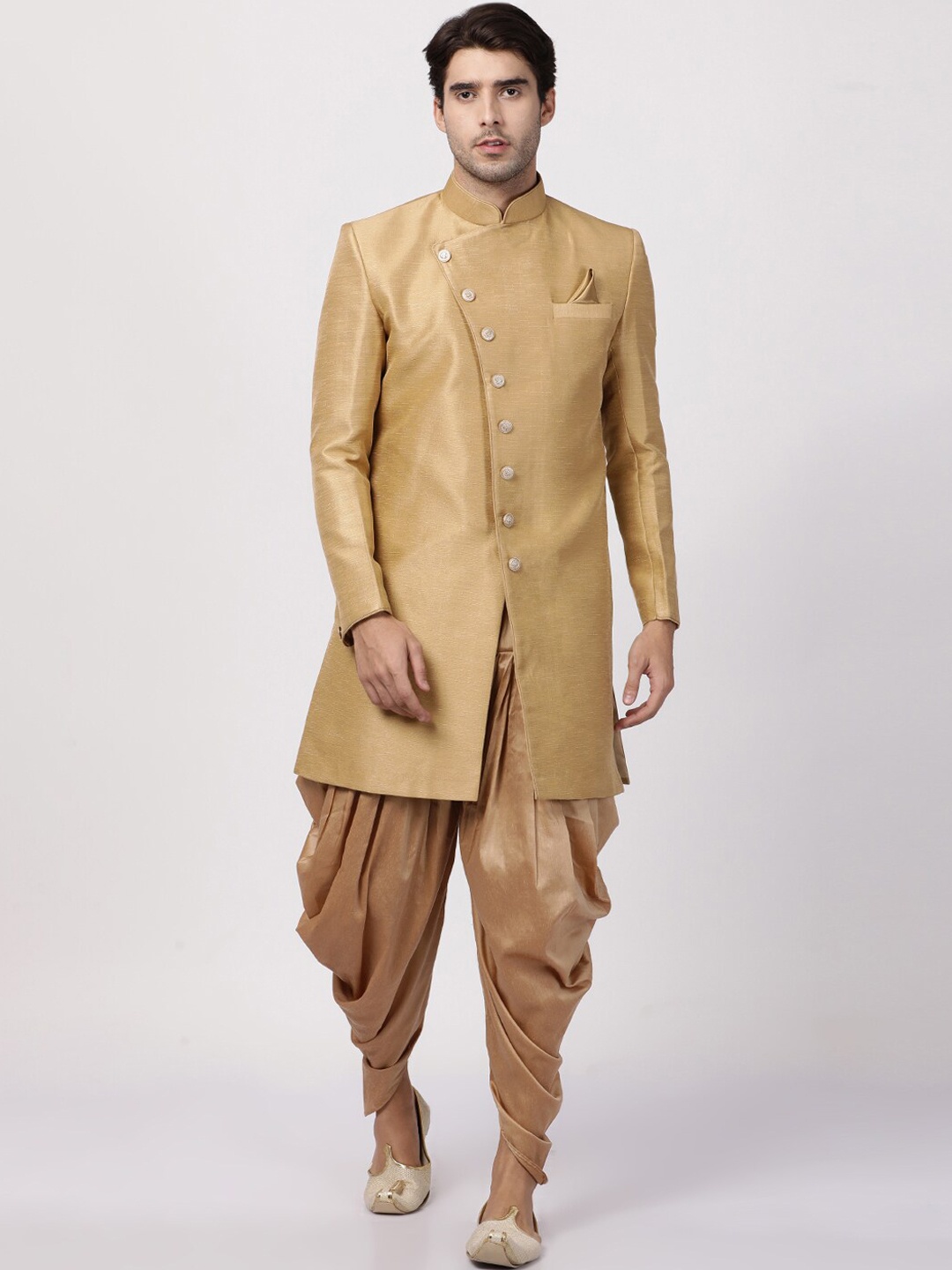 

VASTRAMAY Woven Design Mandarin Collar Design Slim-Fit IndoWestern Sherwani Set, Beige