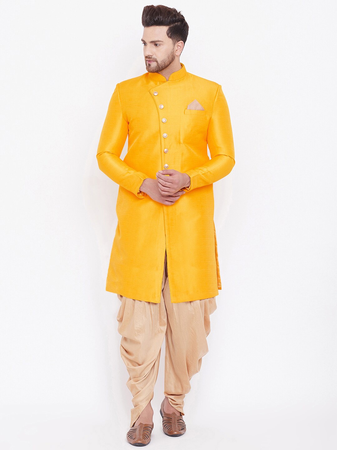 

VASTRAMAY Woven Design Mandarin Collar Slim-Fit IndoWestern Sherwani Set, Mustard