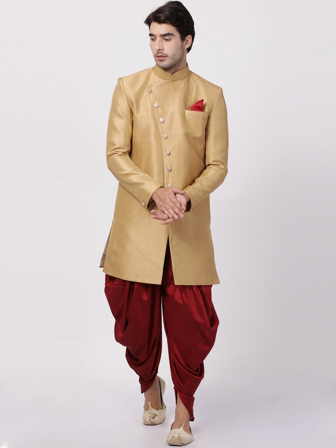 

VASTRAMAY Mandarin Collar Slim-Fit Sherwani Set, Beige