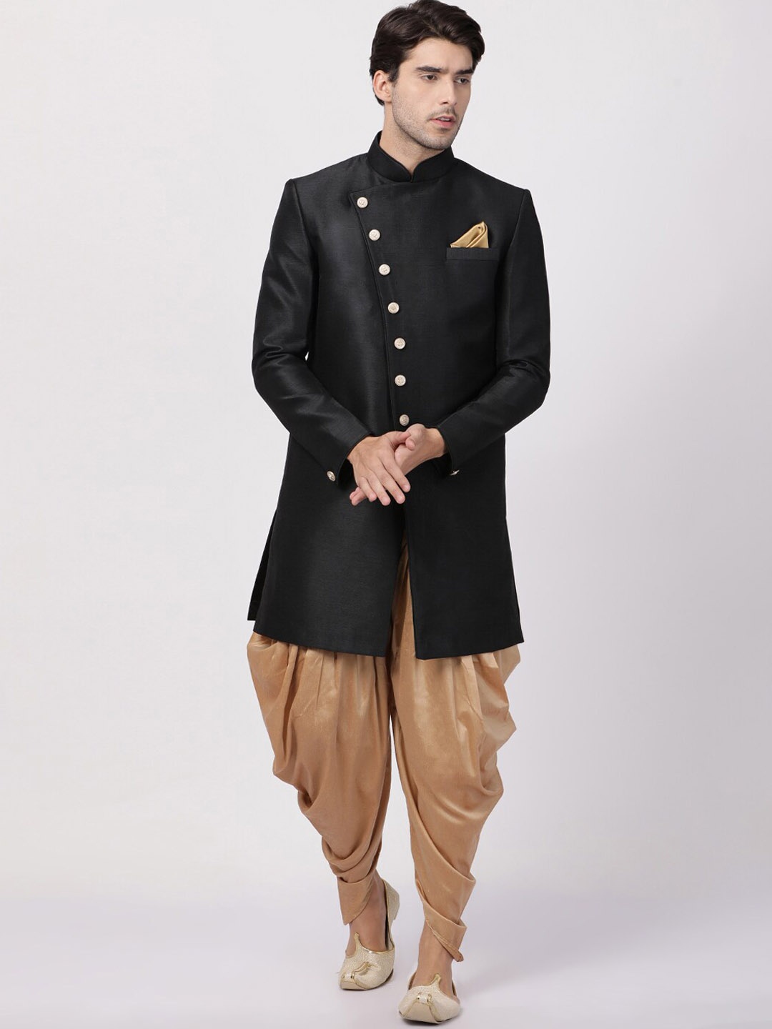 

VASTRAMAY Mandarin Collar Slim-Fit Sherwani Set, Black