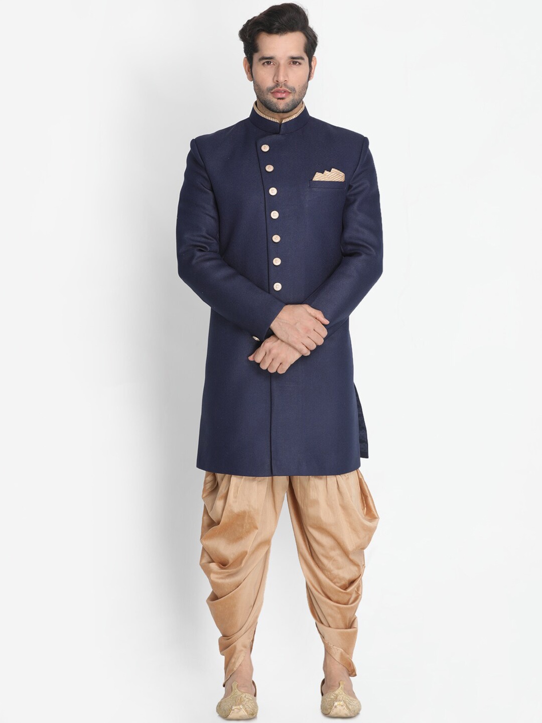 

VASTRAMAY Mandarin Collar Jute Cotton Slim-Fit Sherwani Set, Navy blue