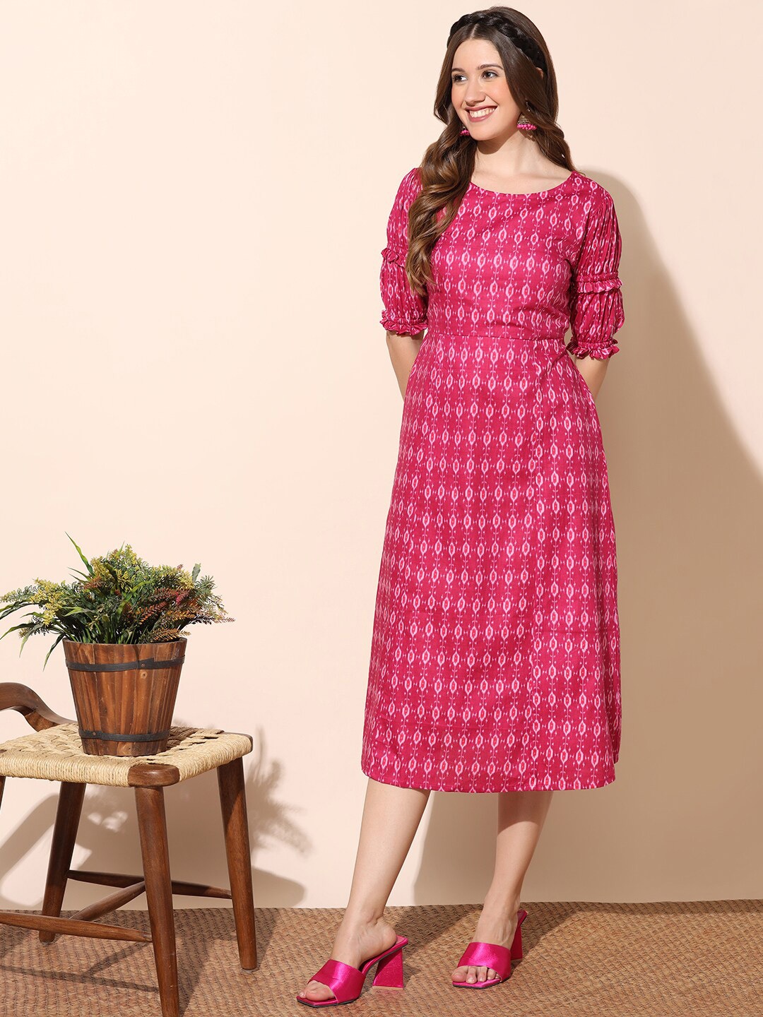 

FASHION DREAM Ethnic Motifs Printed Puff Sleeve A-Line Midi Dress, Pink