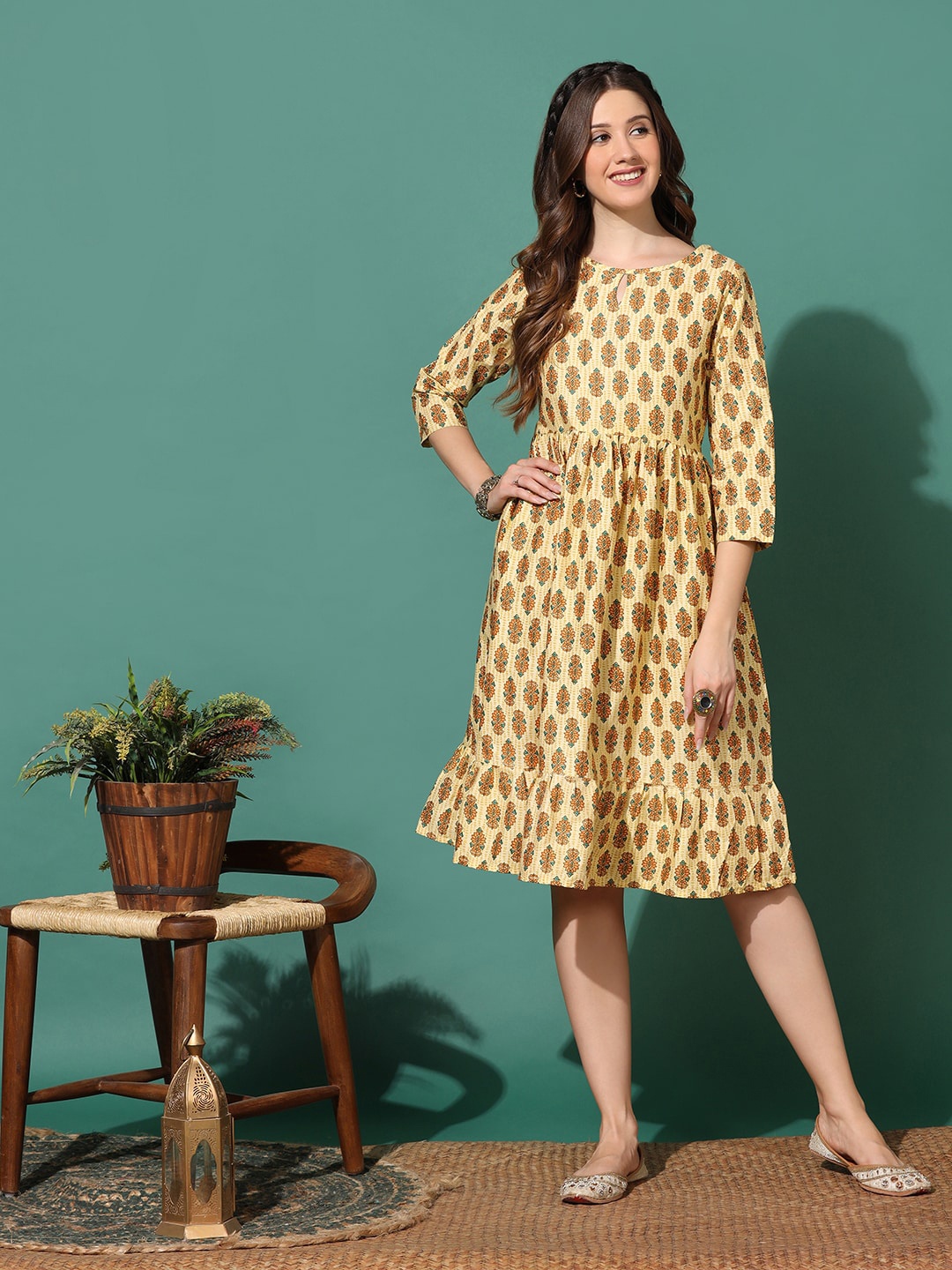 

FASHION DREAM Keyhole Neck Ethnic Motifs Print A-Line Dress, Yellow