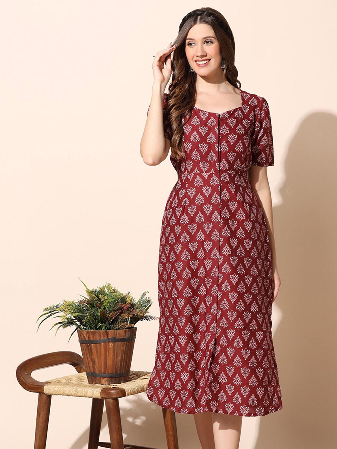 

FASHION DREAM Ethnic Motifs Print A-Line Midi Dress, Maroon