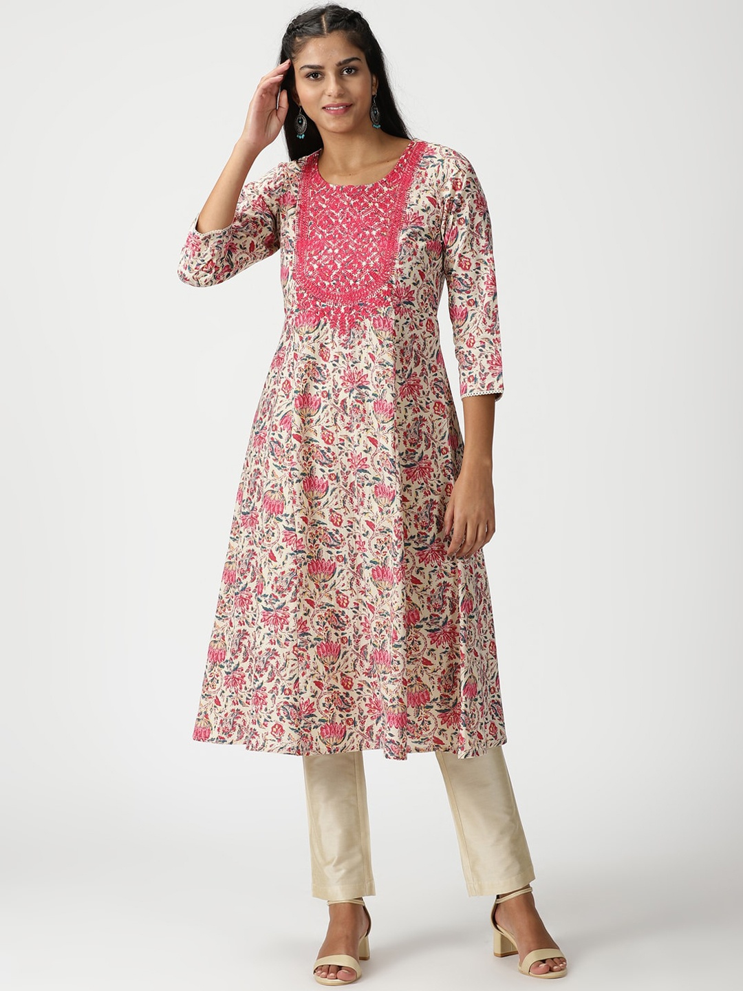 

Saffron Threads Floral Print Cotton A-line Kurta with Yoke Embroidery, Cream