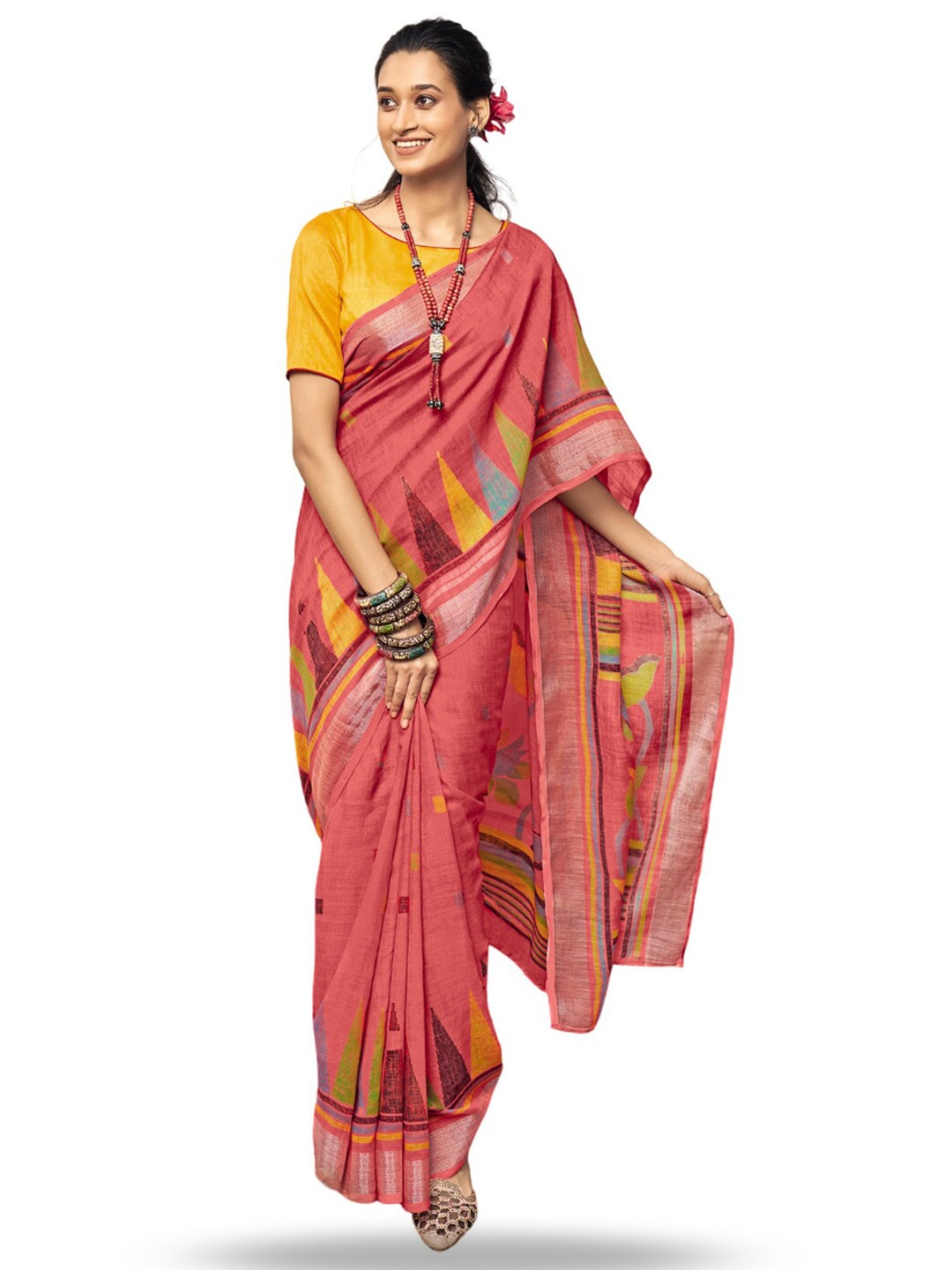

all about you Pink & Yellow Geometric Woven Design Zari Pure Linen Saree