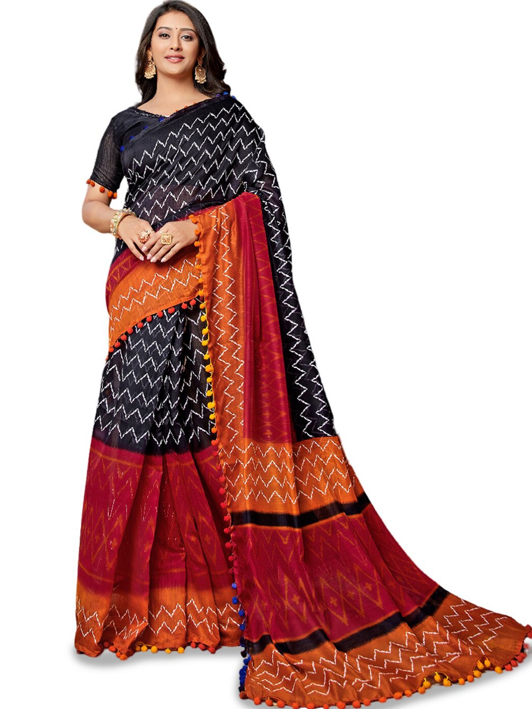 

all about you Black & Red Striped Pure Cotton Saree