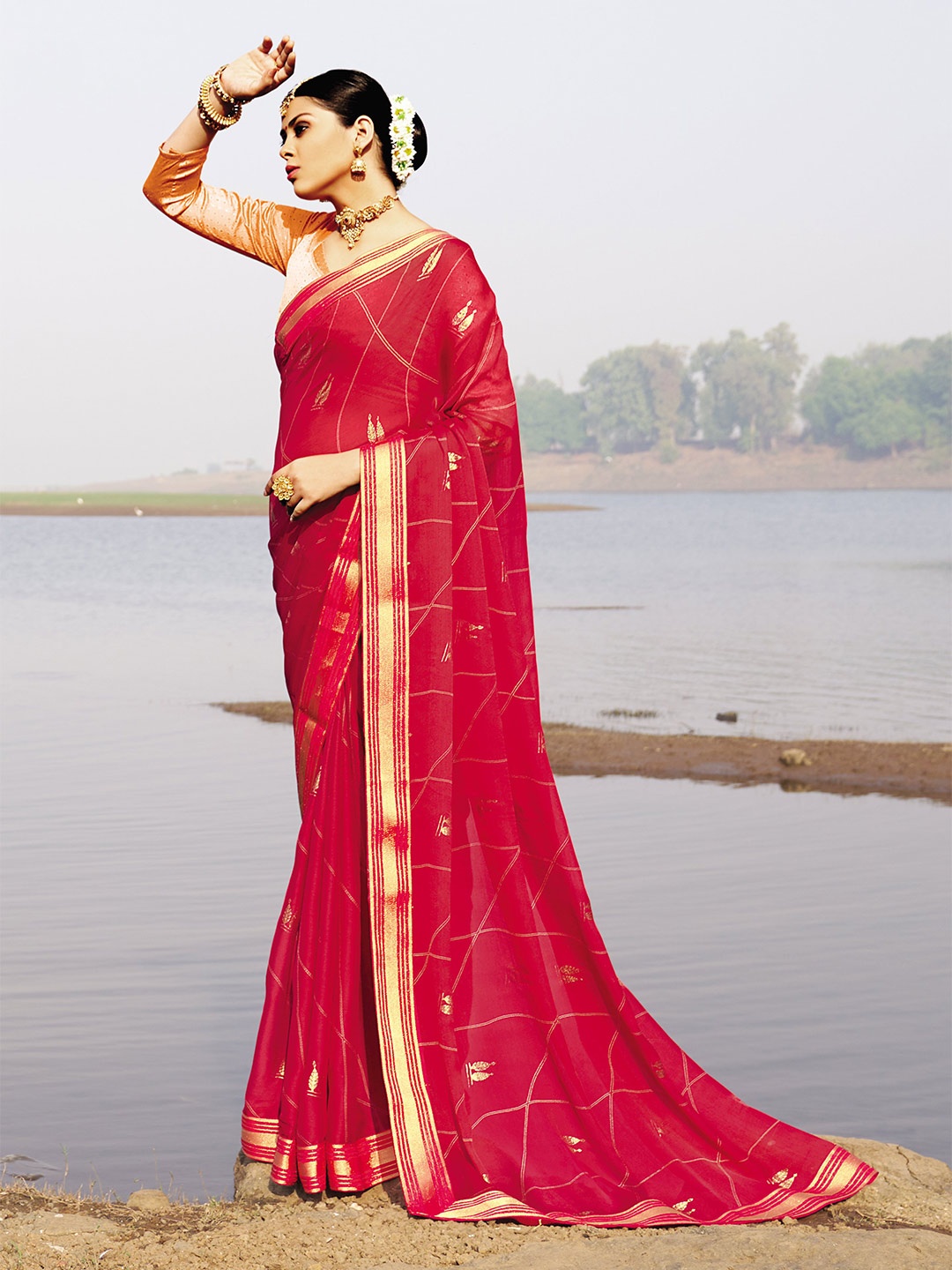 

all about you Red & Gold Ethnic Motif Zari Pure Chiffon Saree With Blouse Piece