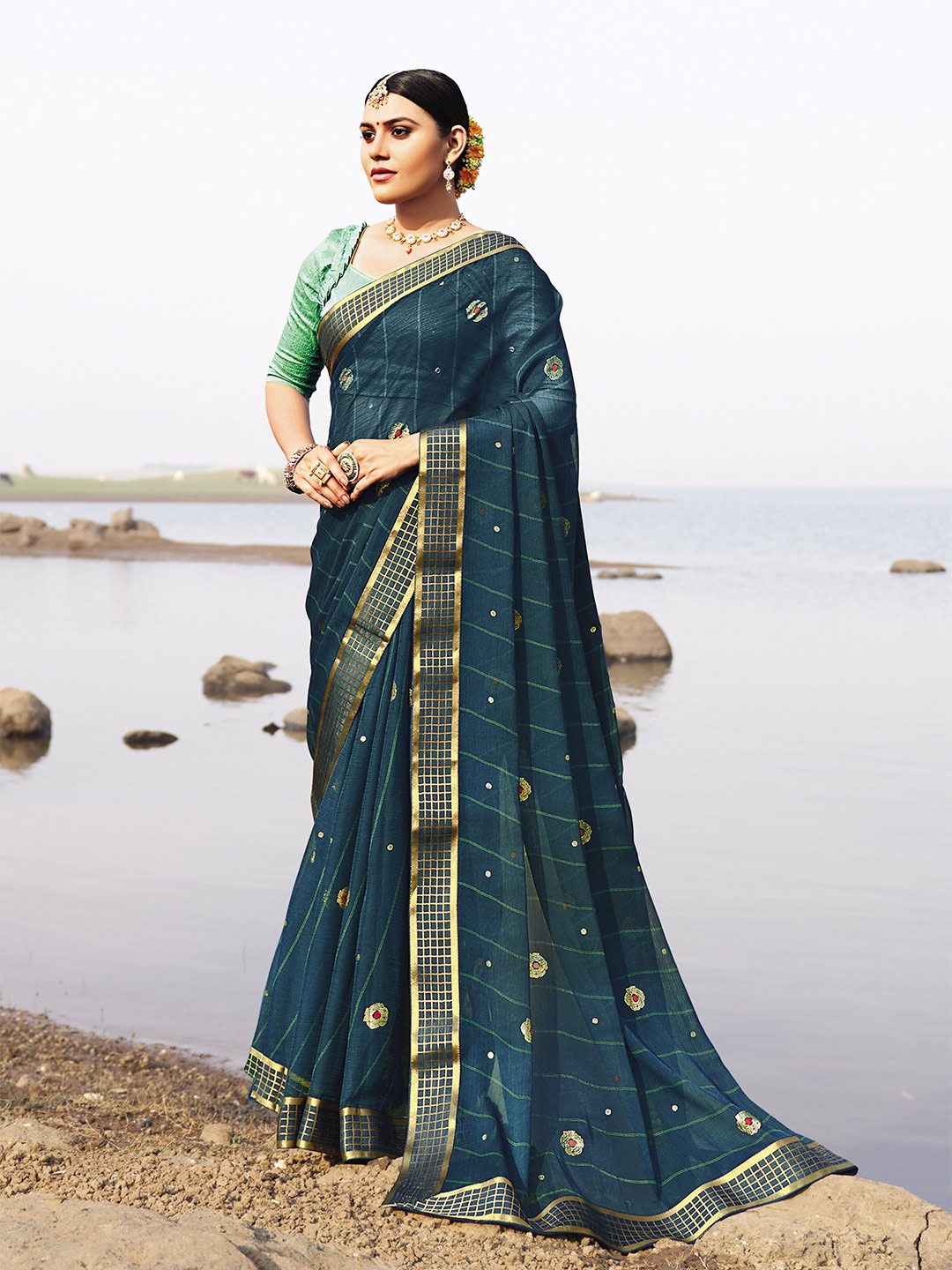 

all about you Teal & Gold Ethnic Motif Zari Pure Chiffon Saree With Blouse Piece