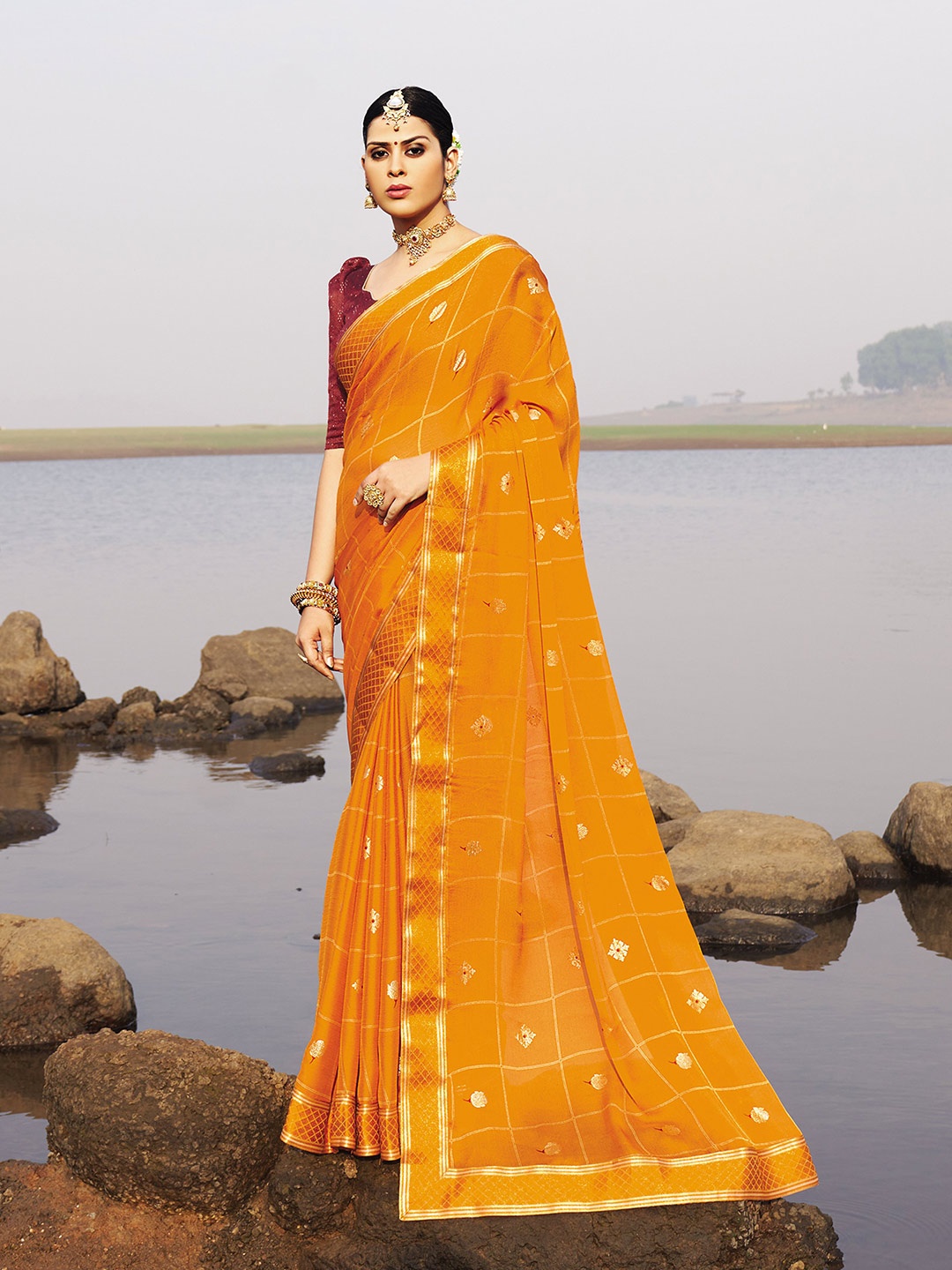 

all about you Mustard & Gold-Toned Checked Zari Pure Chiffon Saree
