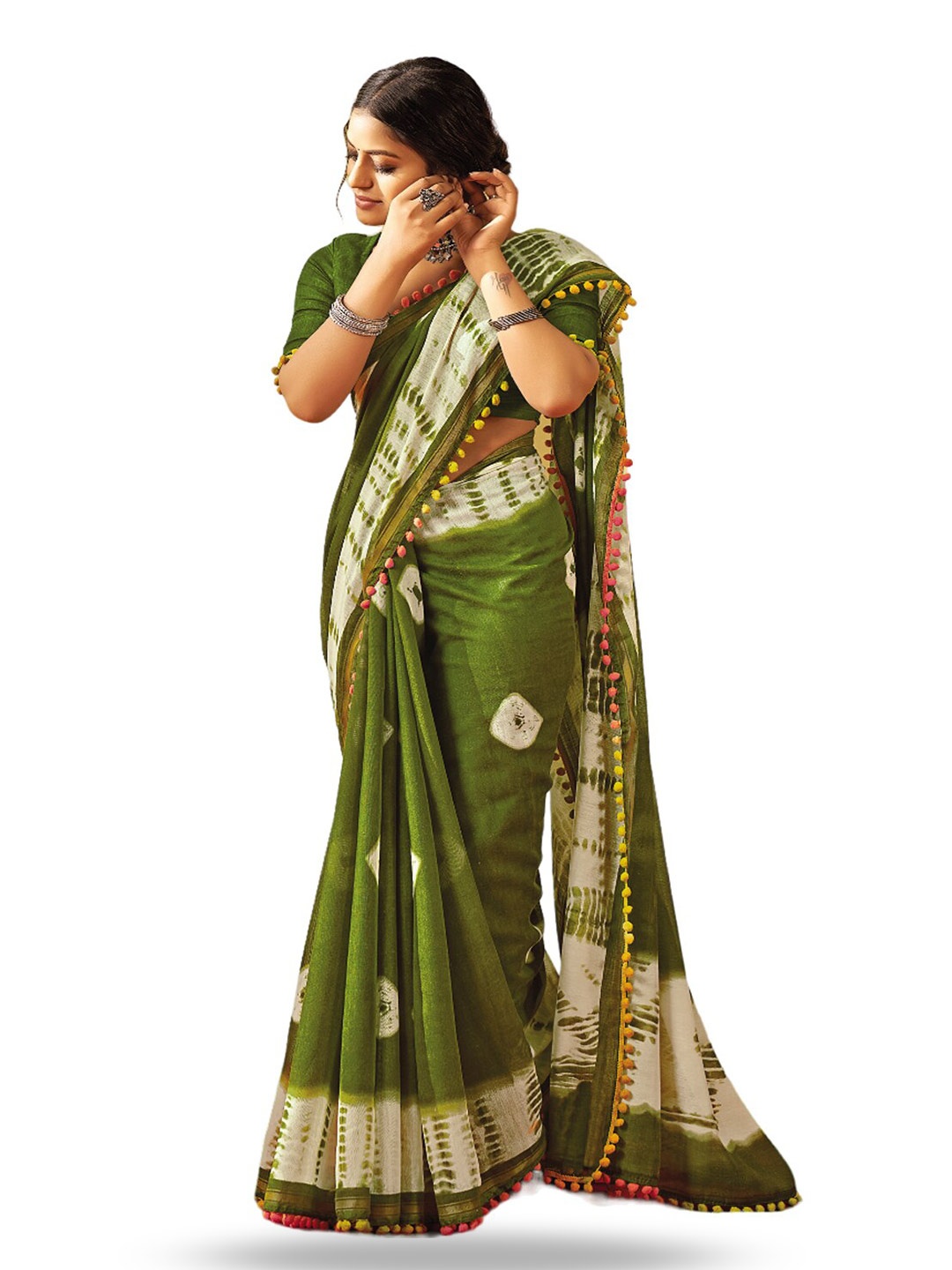 

all about you Green & Beige Tie & Dyed Pure Cotton Saree