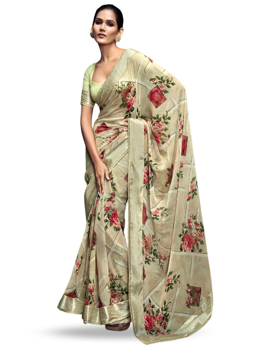 

all about you Beige & Red Floral Printed Zari Pure Georgette Saree