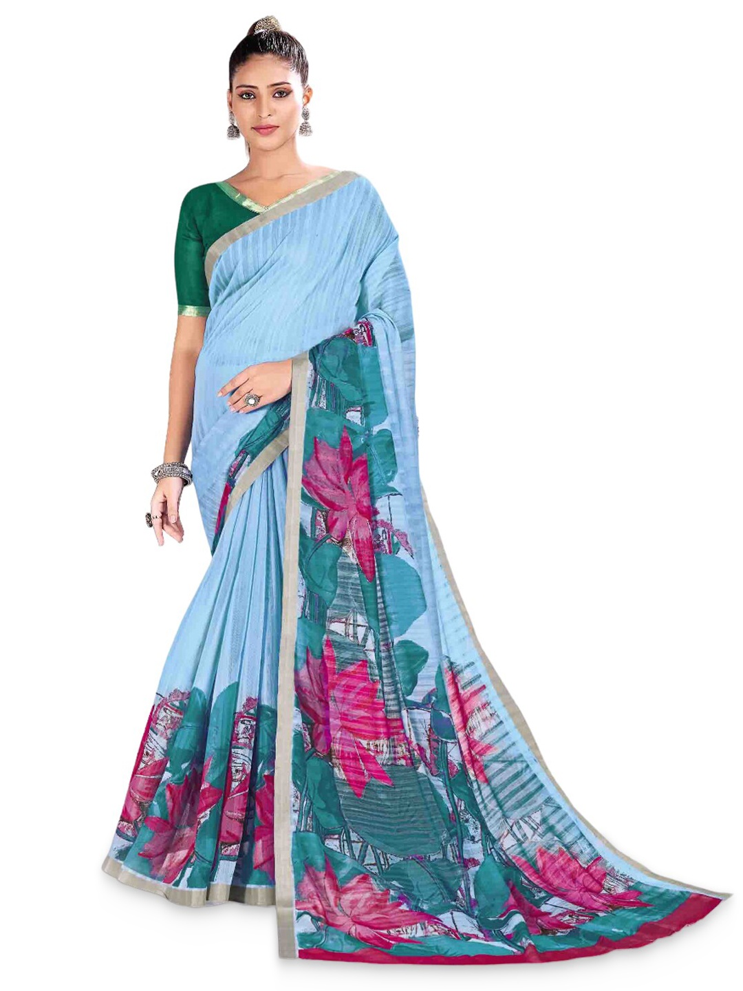 

all about you Blue & Pink Floral Printed Saree