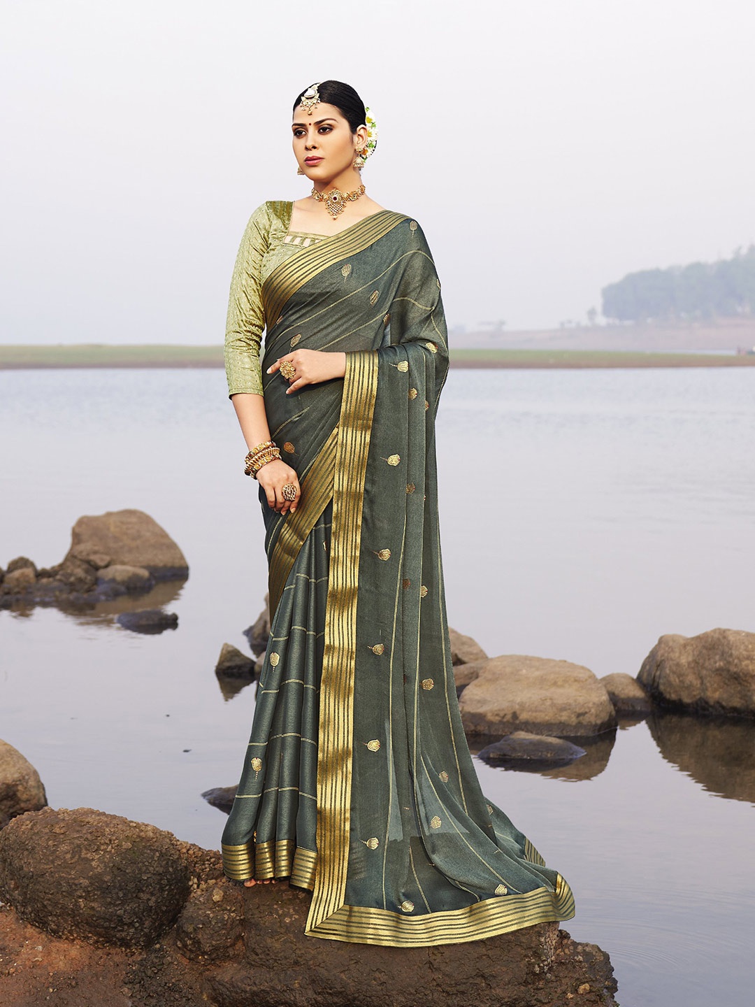 

all about you Grey & Gold-Toned Floral Woven Design Zari Pure Chiffon Saree