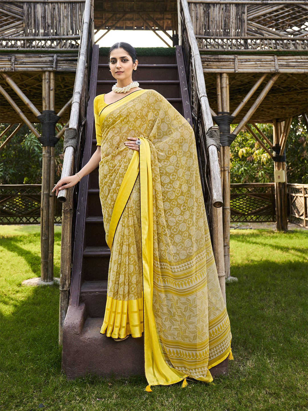

all about you Yellow & Off White Floral Printed Pure Georgette Saree