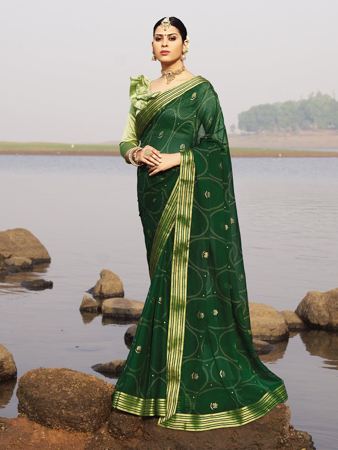 

all about you Green & Gold-Toned Floral Woven Design Zari Pure Chiffon Saree