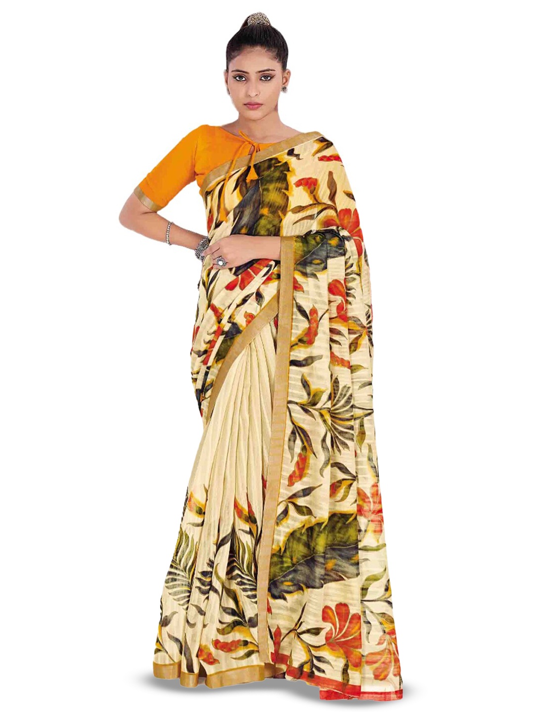 

all about you Cream-Coloured & Red Floral Printed Zari Saree
