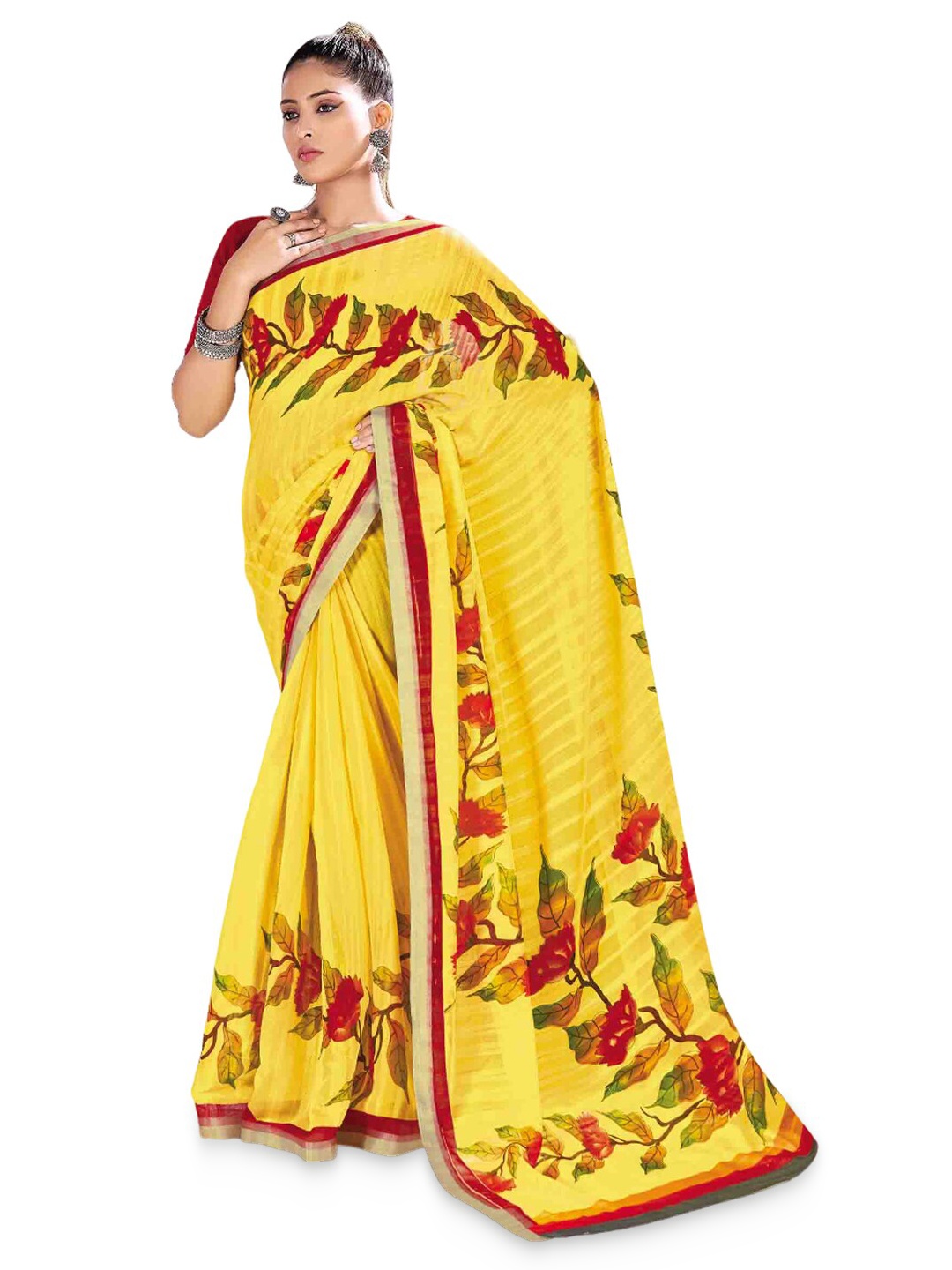 

all about you Yellow & Red Floral Printed Cotton Saree