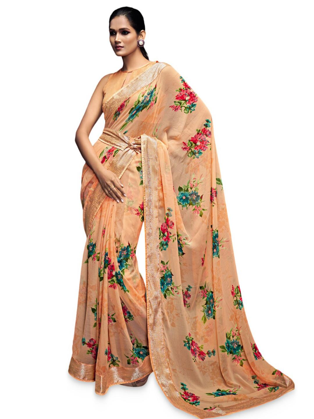 

all about you Peach & Green Floral Zari Pure Georgette Saree With Blouse Piece