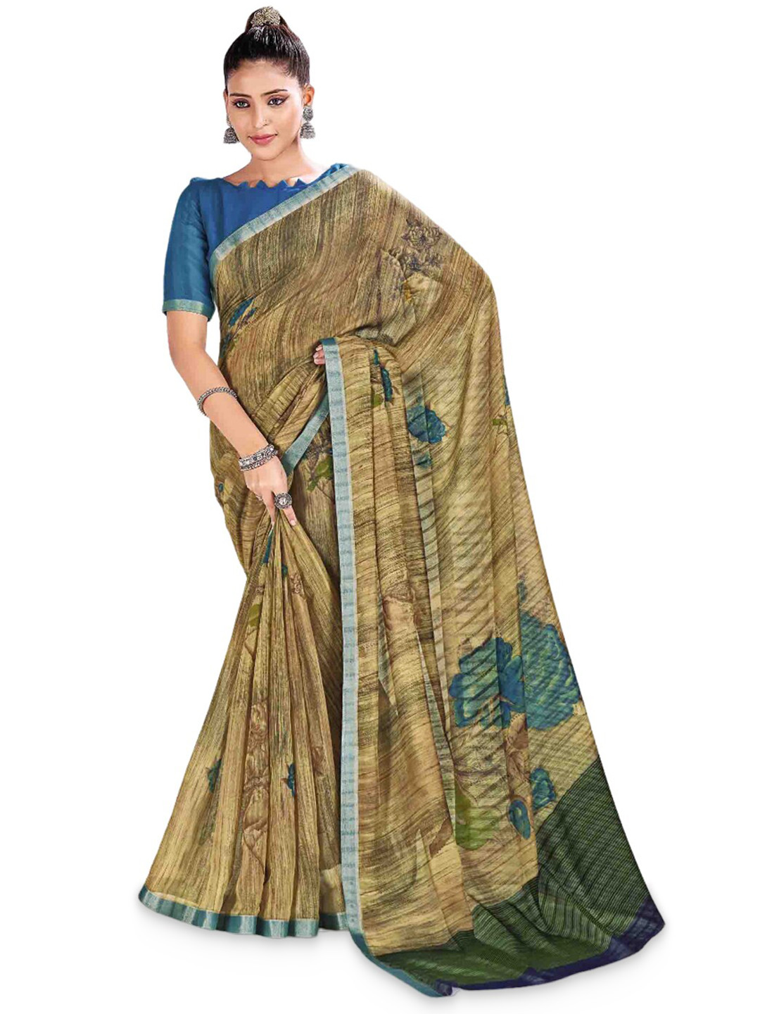 

all about you Beige & Blue Floral Cotton Blend Saree With Blouse Piece