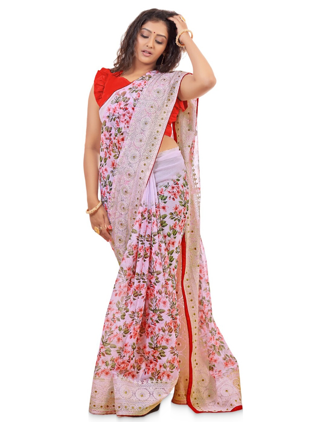 

all about you Pink & Red Floral Printed Zari Pure Linen Saree
