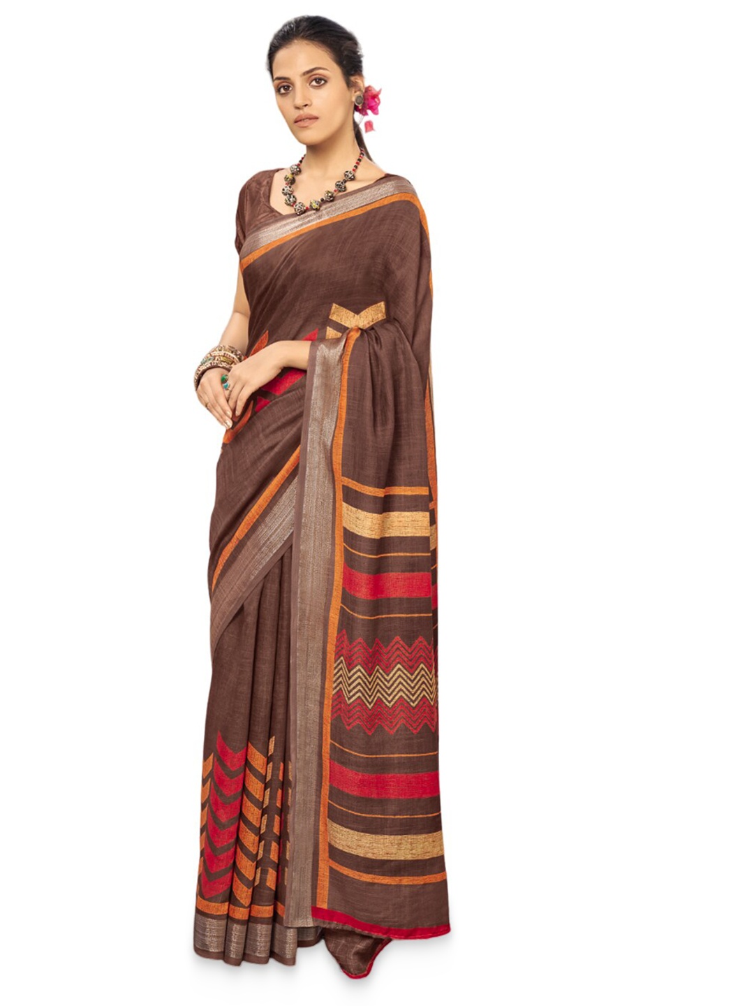 

all about you Brown & Red Zari Pure Linen Saree