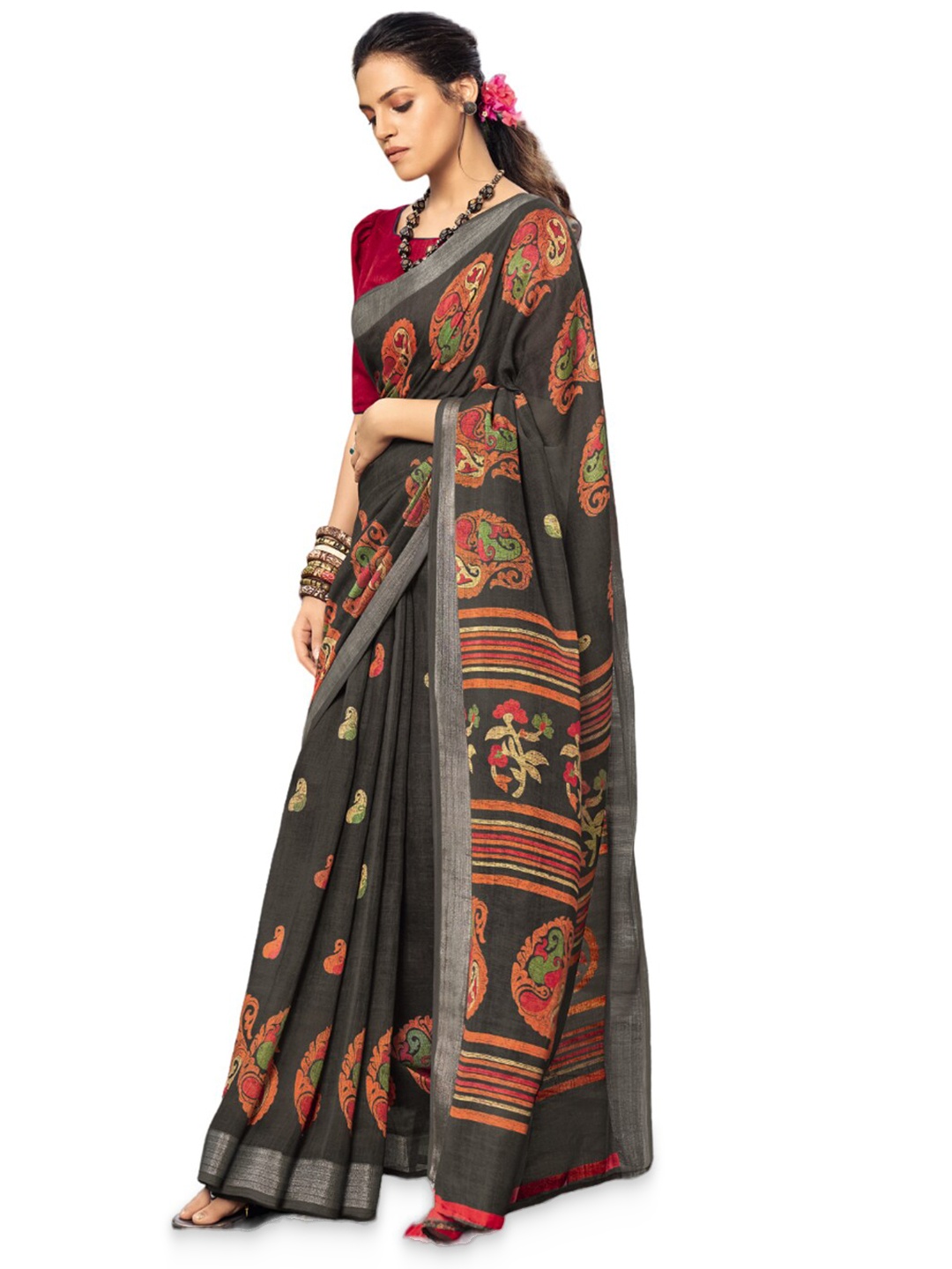 

all about you Black & Orange Ethnic Motifs Printed Zari Pure Linen Saree