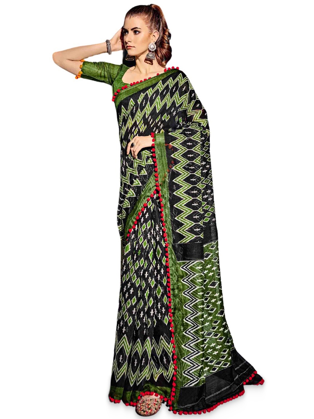 

all about you Green & Black Geometric Printed Pure Cotton Saree