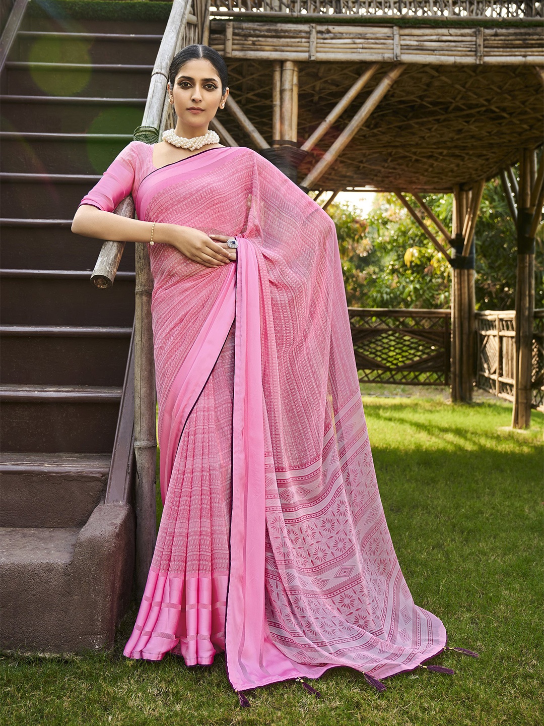 

all about you Pink Striped Pure Georgette Saree