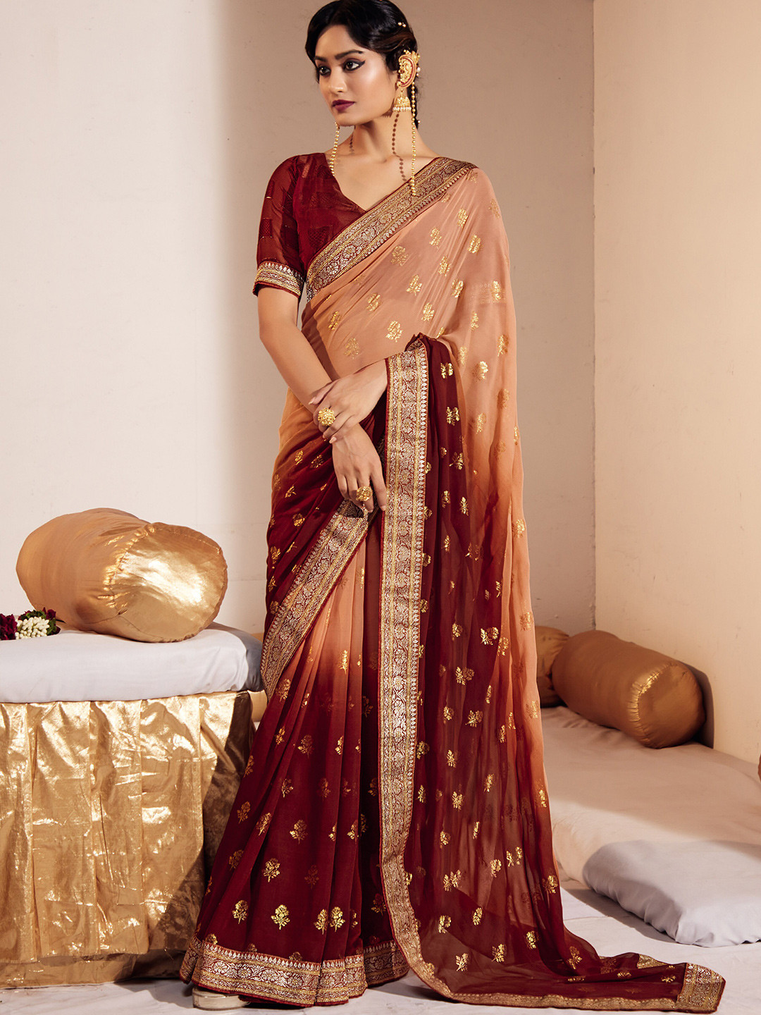 

all about you Peach-Coloured & Gold-Toned Floral Foil Printed Zari Pure Georgette Saree