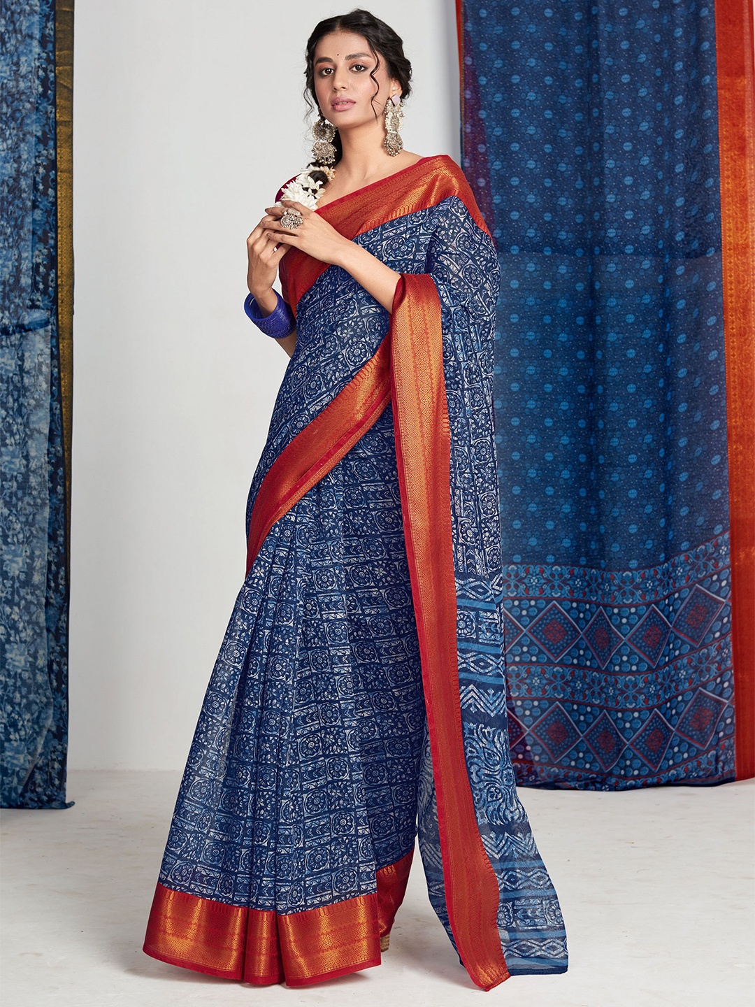 

all about you Blue & Red Ethnic Motifs Printed Zari Saree
