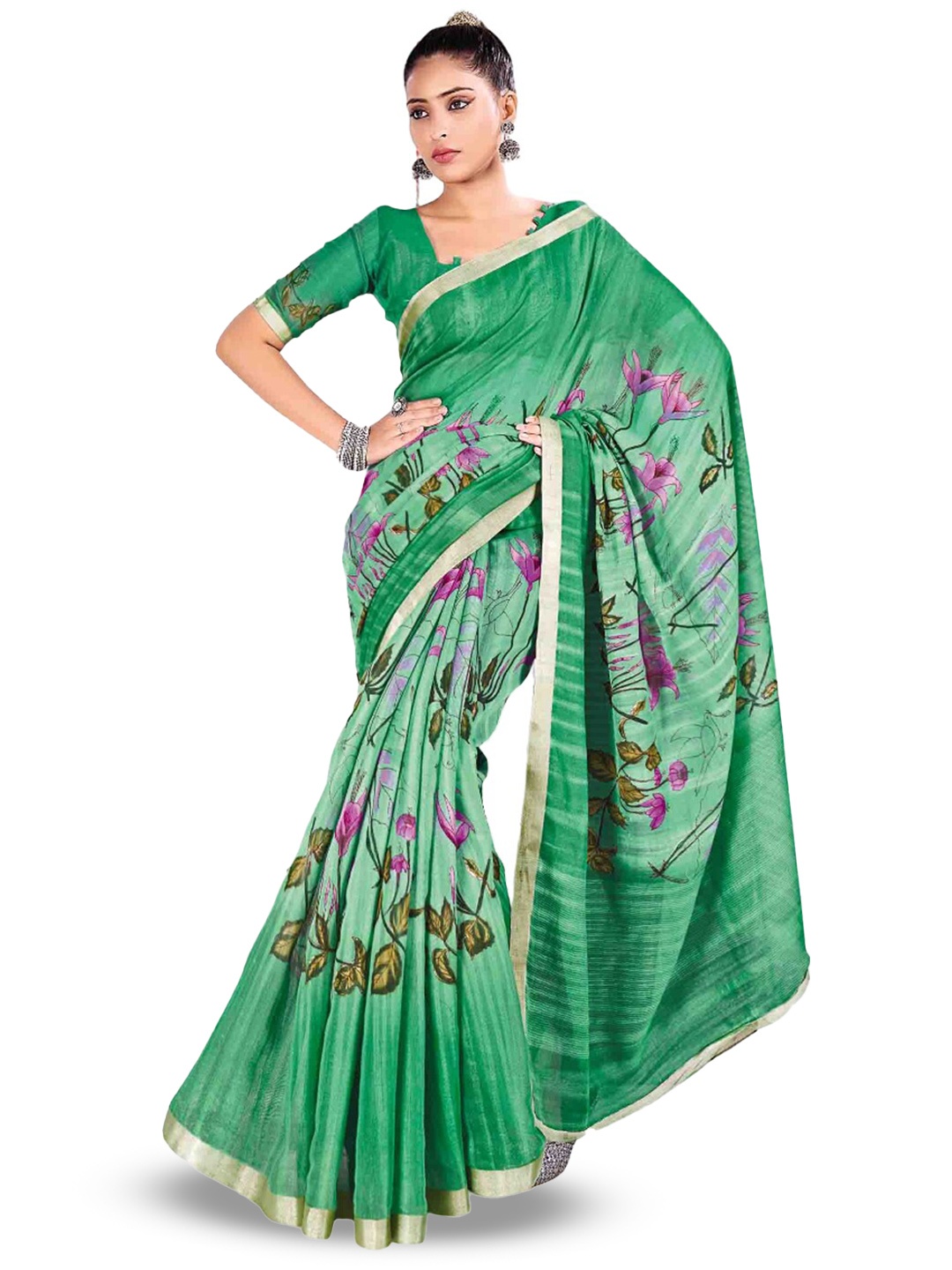 

all about you Green & Pink Floral Zari Cotton Blend Saree With Blouse Piece