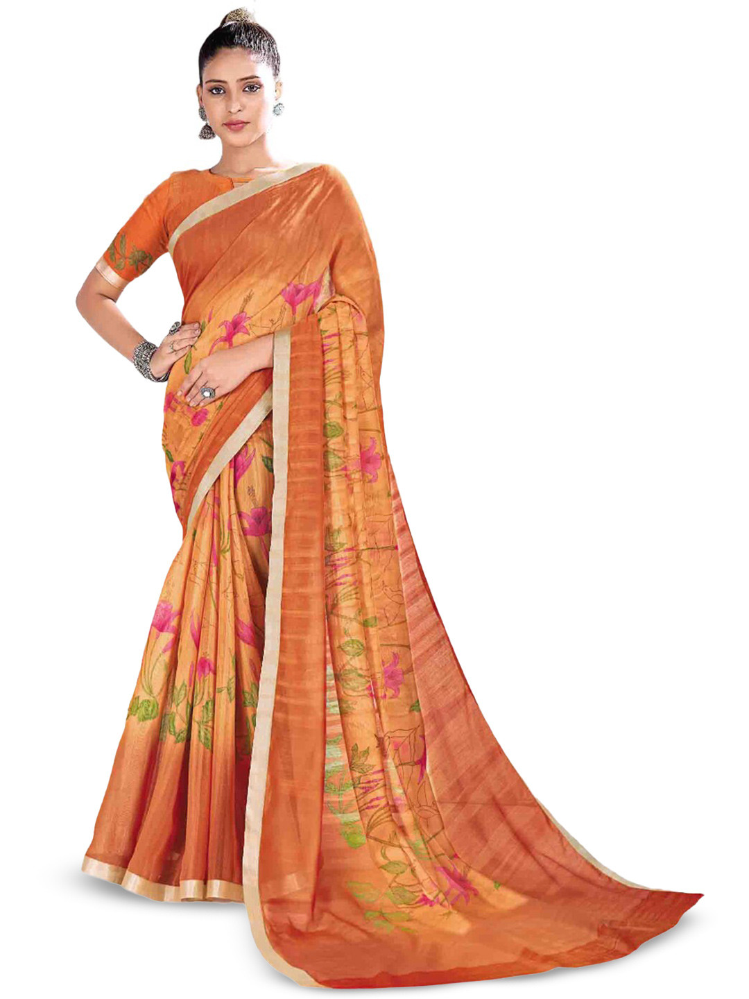 

all about you Orange & Pink Floral Printed Saree